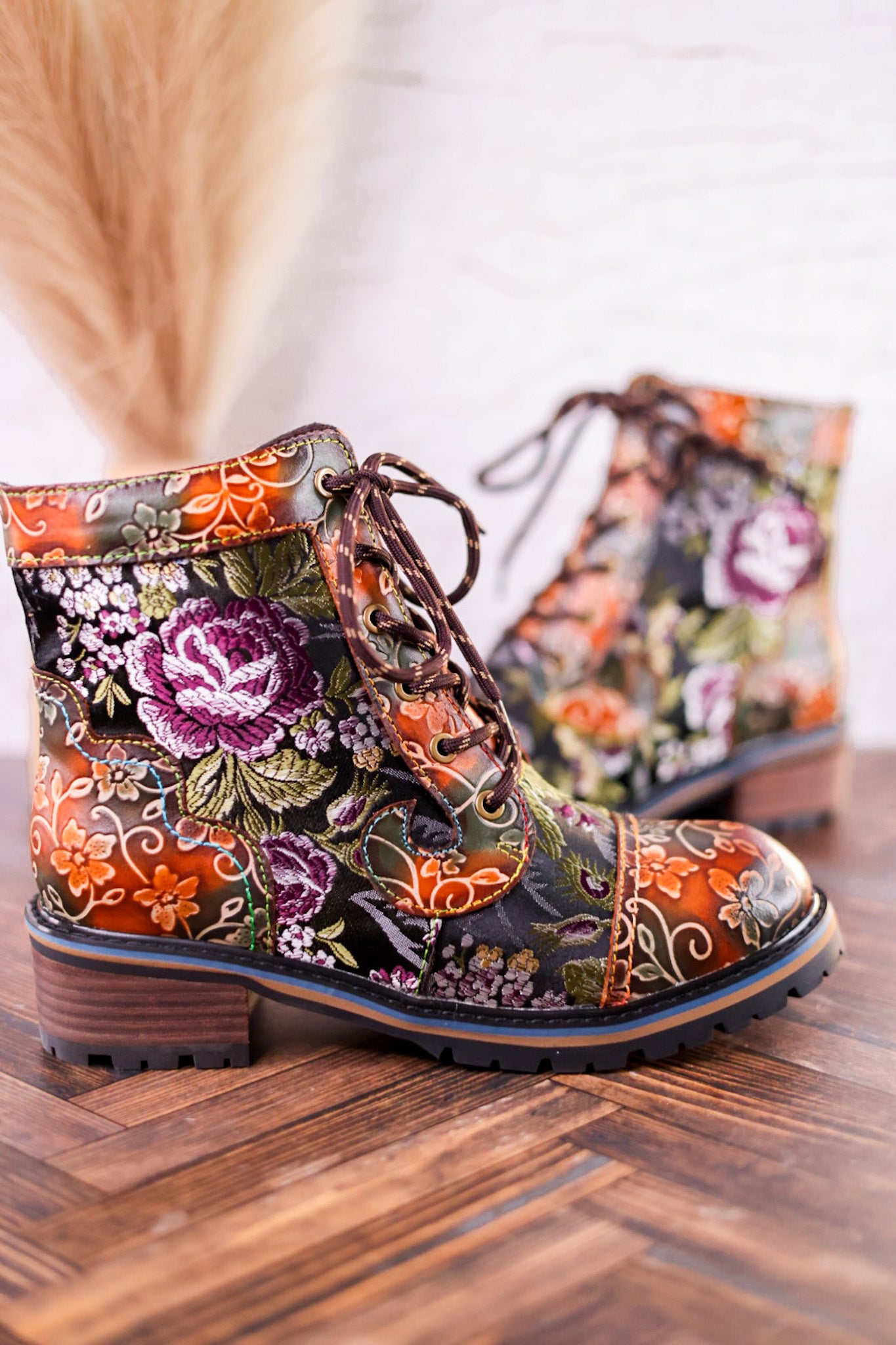 Floral Embossed Combat Boots