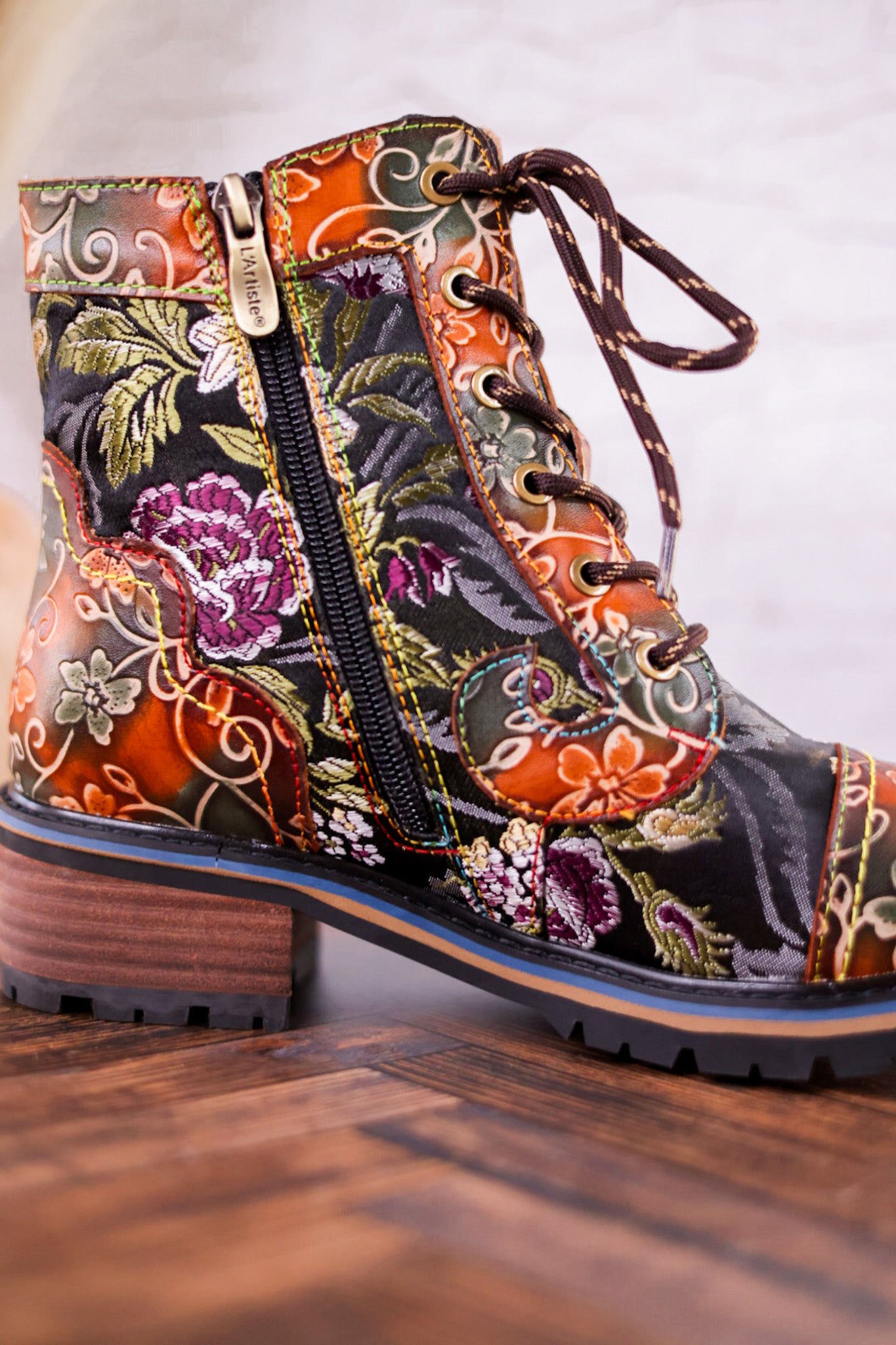 Floral Embossed Combat Boots