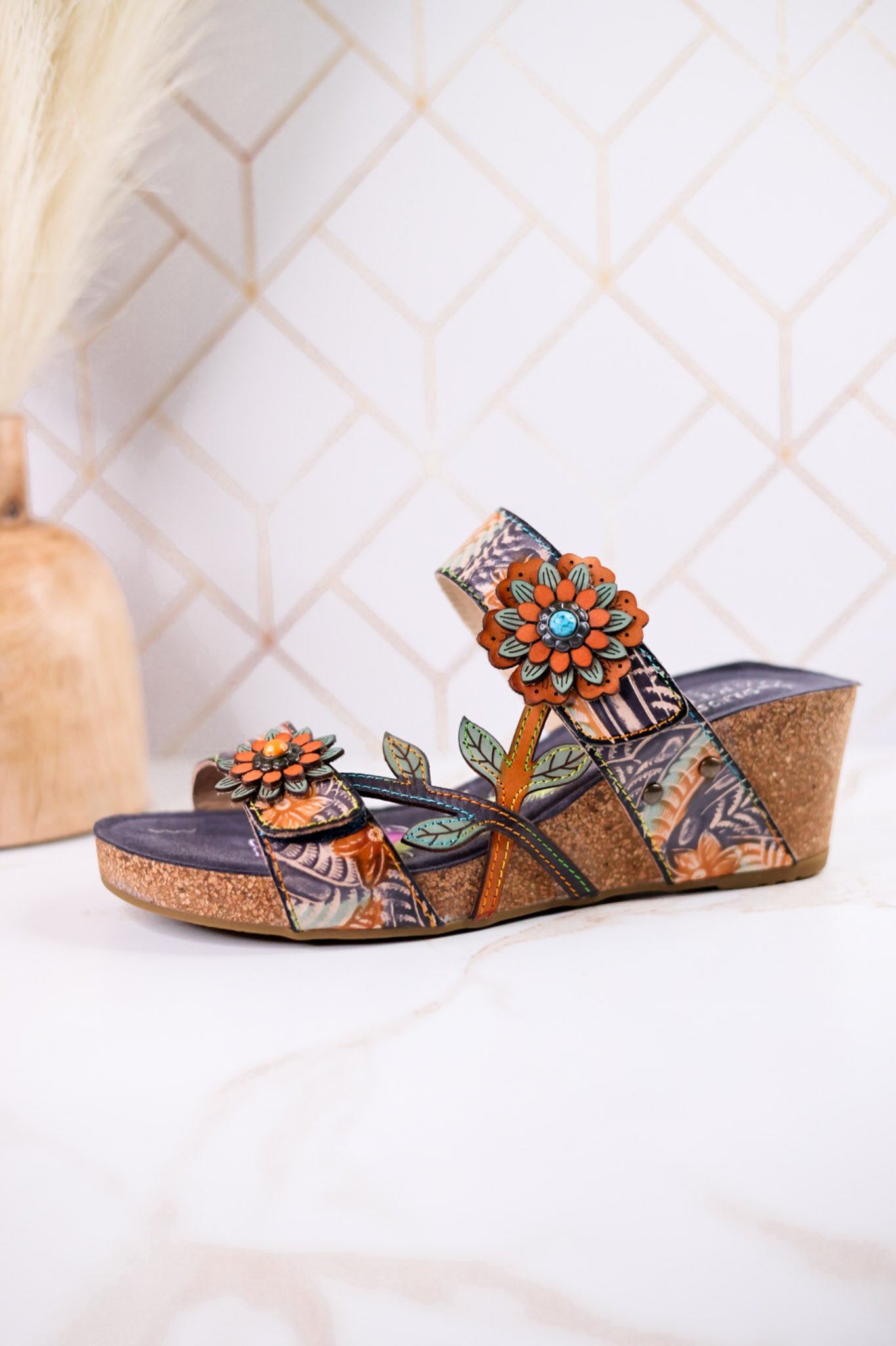 Moai Hand-Painted Leather Wedge Sandals