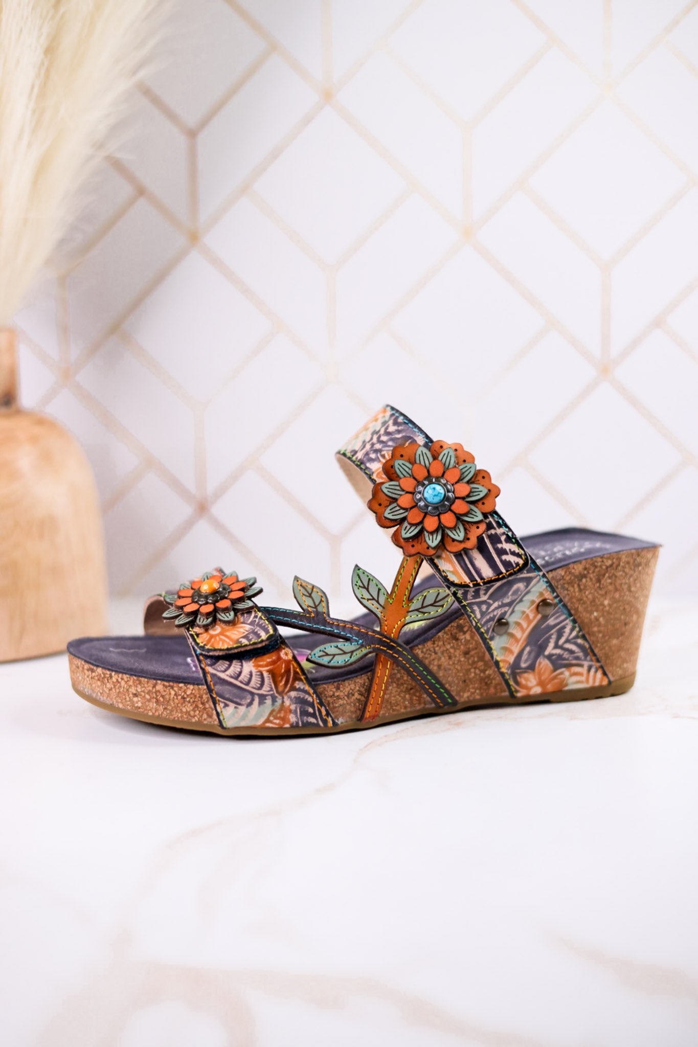 Moai Hand-Painted Leather Wedge Sandals