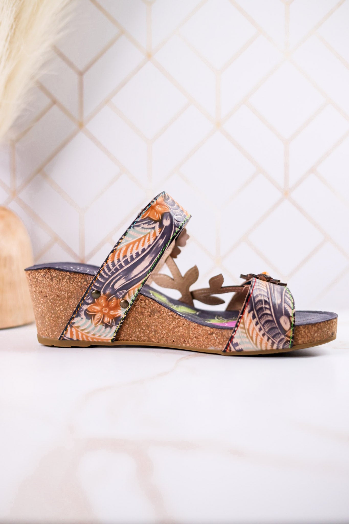 Moai Hand-Painted Leather Wedge Sandals