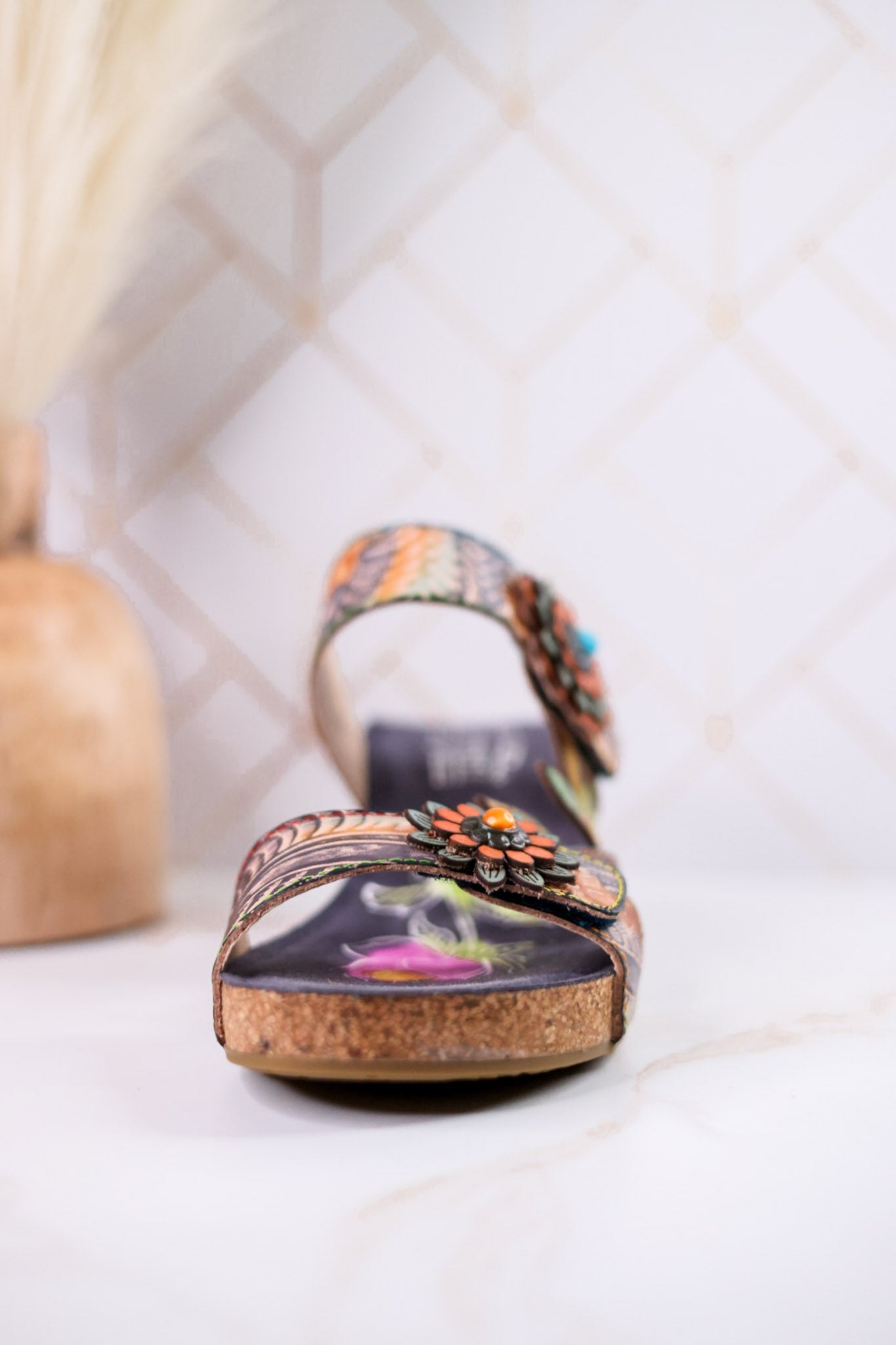 Moai Hand-Painted Leather Wedge Sandals