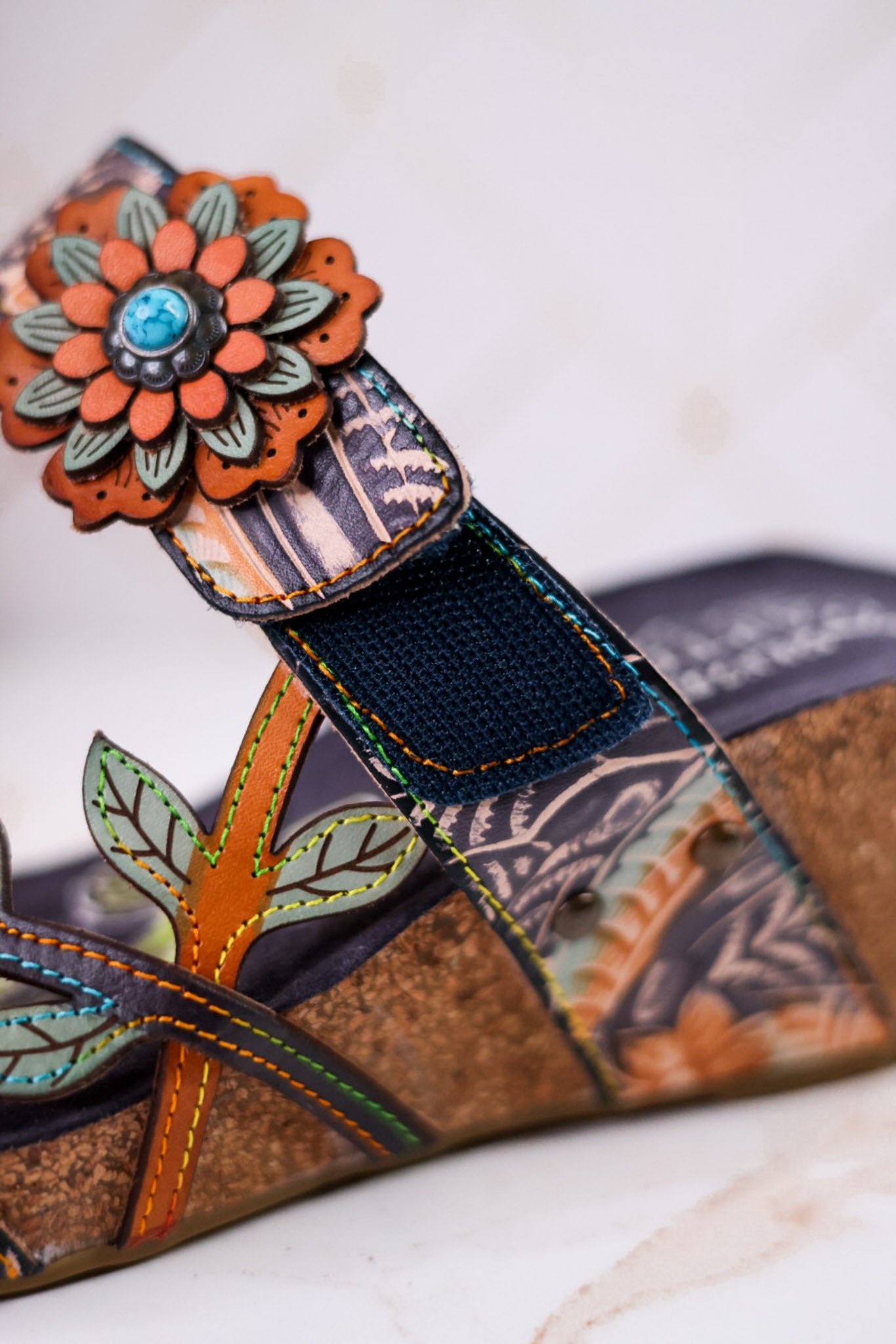 Moai Hand-Painted Leather Wedge Sandals