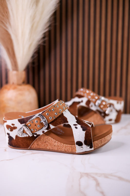 "Dolly" Tan Faux Hairon Wedges With Rhinestone Accents