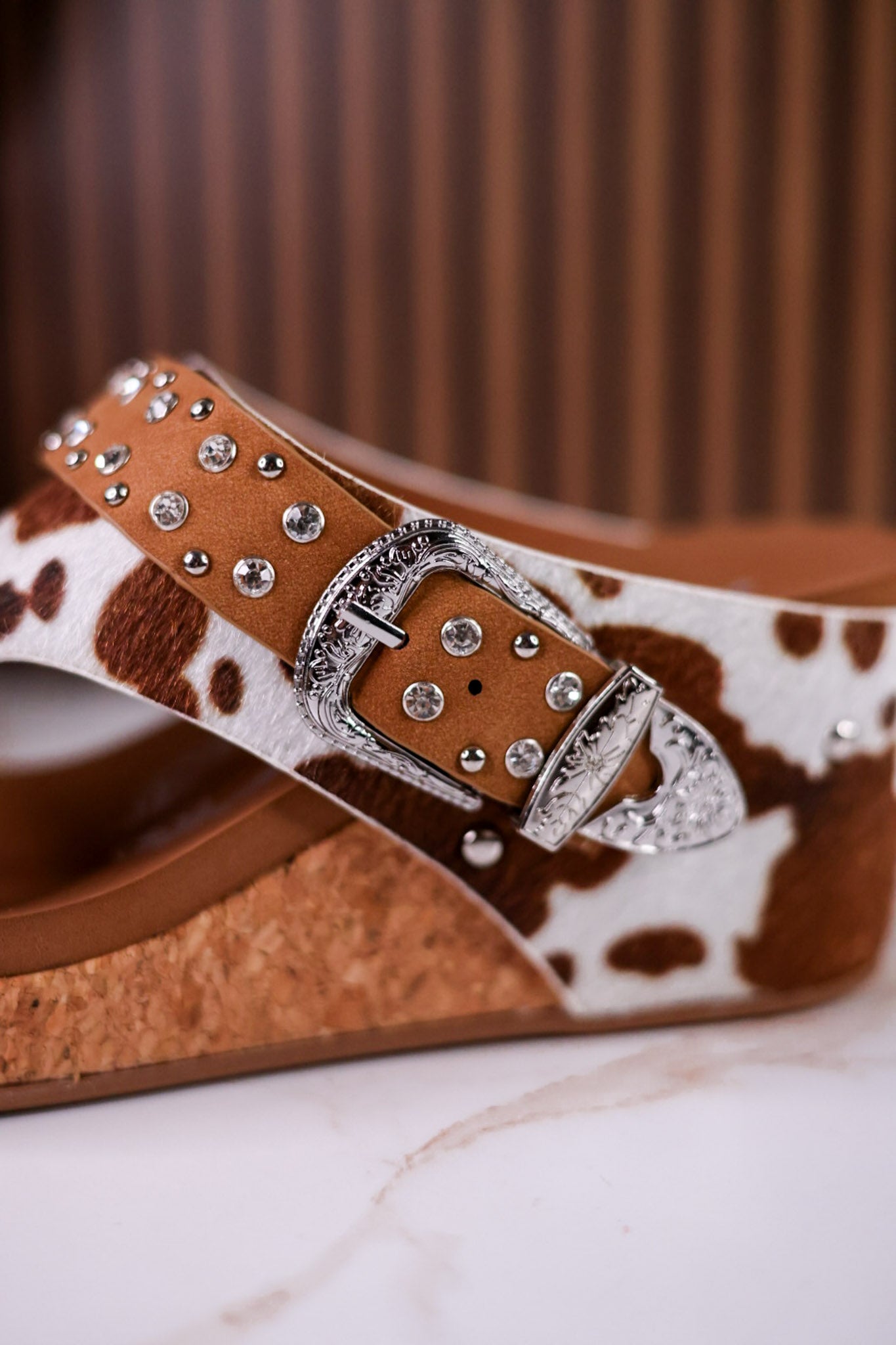 "Dolly" Tan Faux Hairon Wedges With Rhinestone Accents