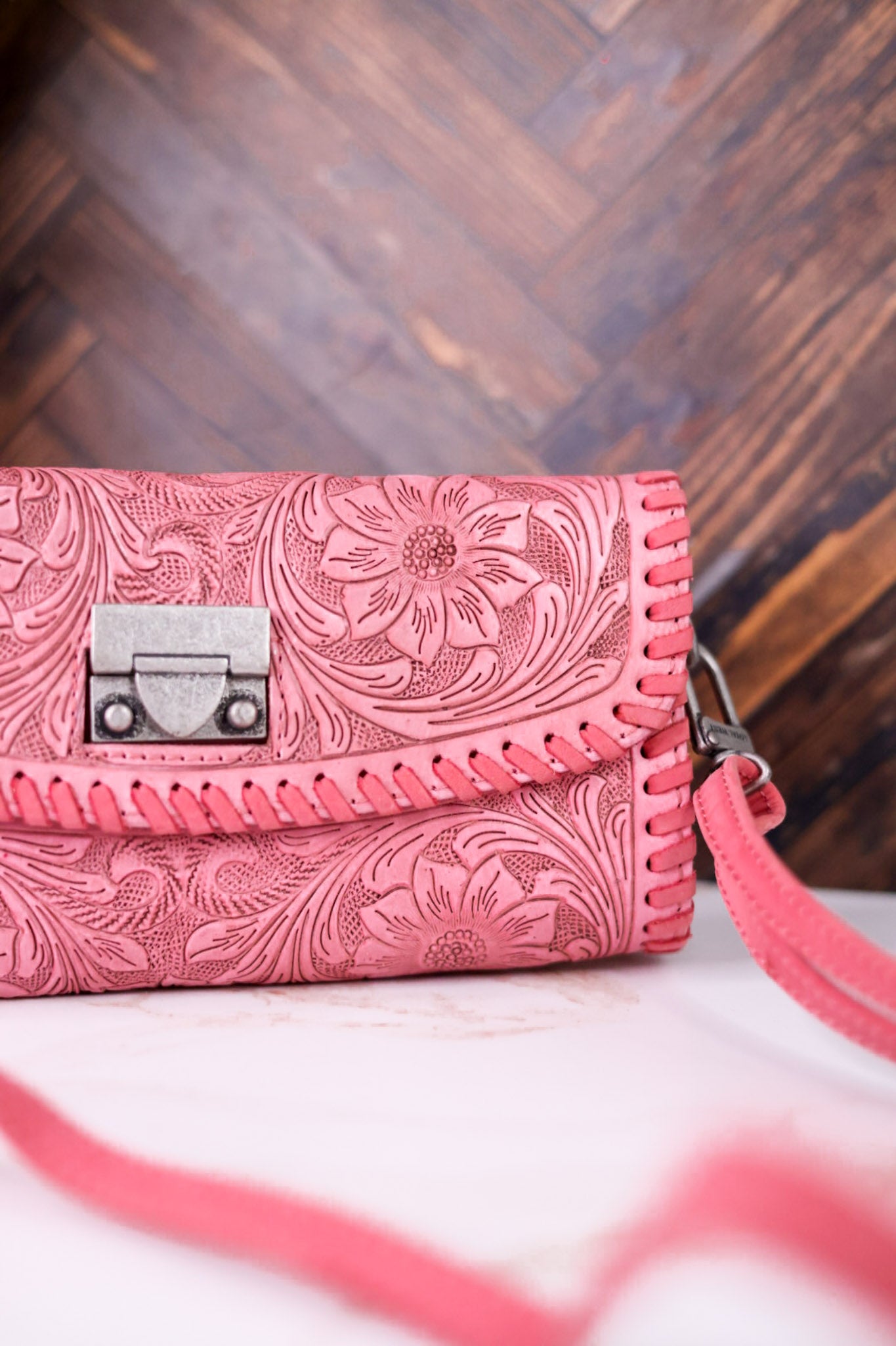 Pink Hand Tooled Leather & Calfskin Elena Mini Bag