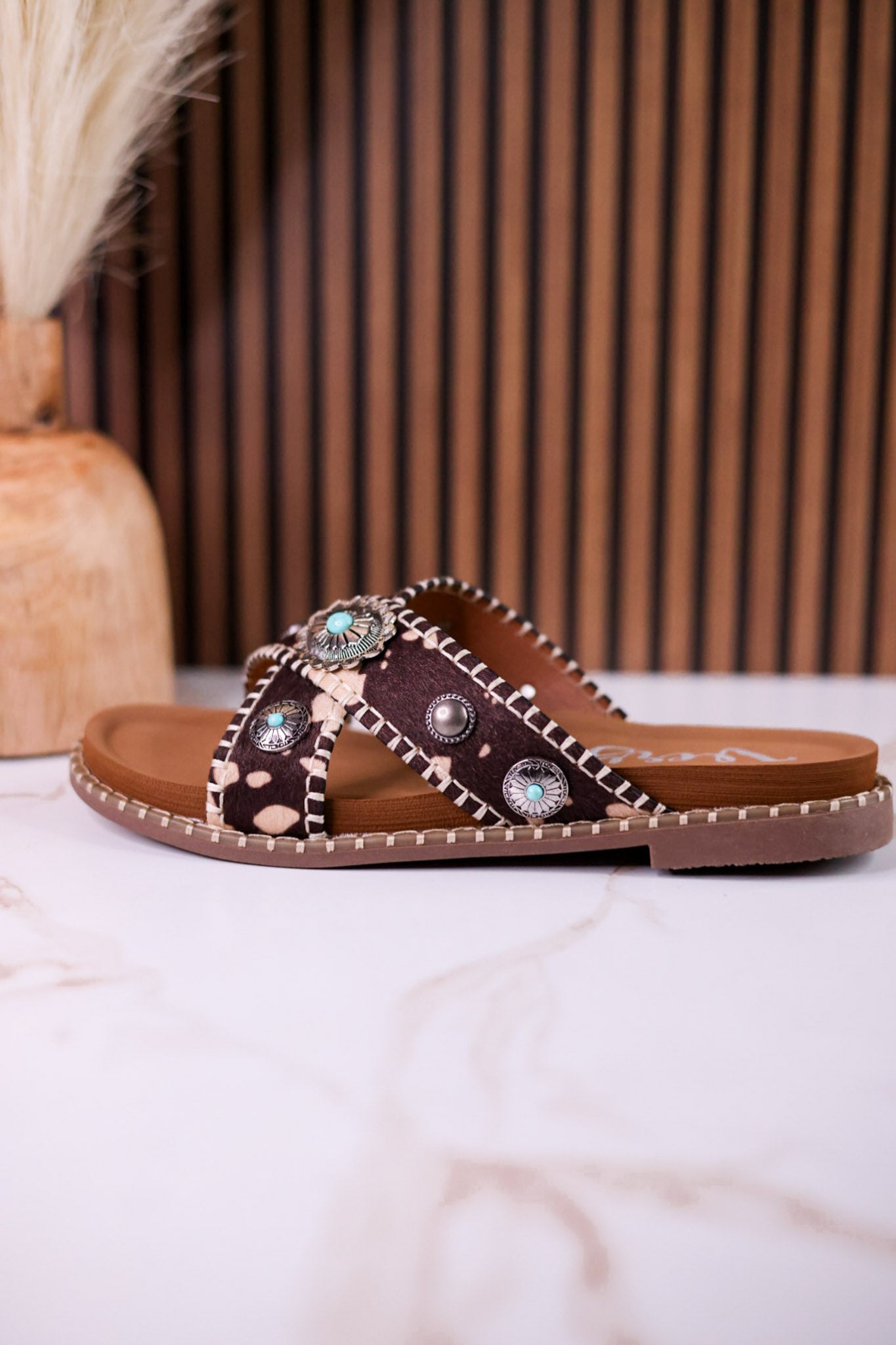 Dark Brown & Tan Faux Hairon Sandals With Turquoise Concho Accents