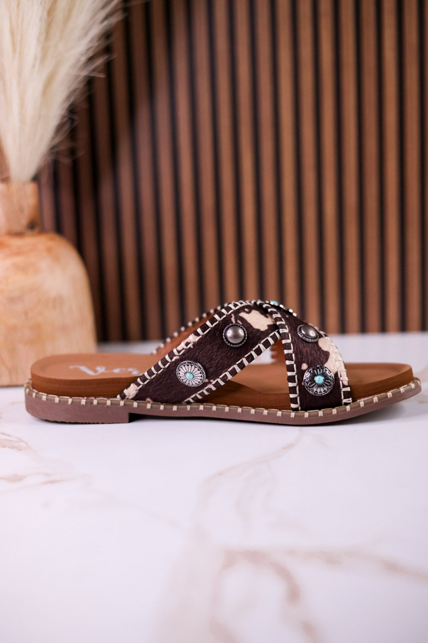 Dark Brown & Tan Faux Hairon Sandals With Turquoise Concho Accents