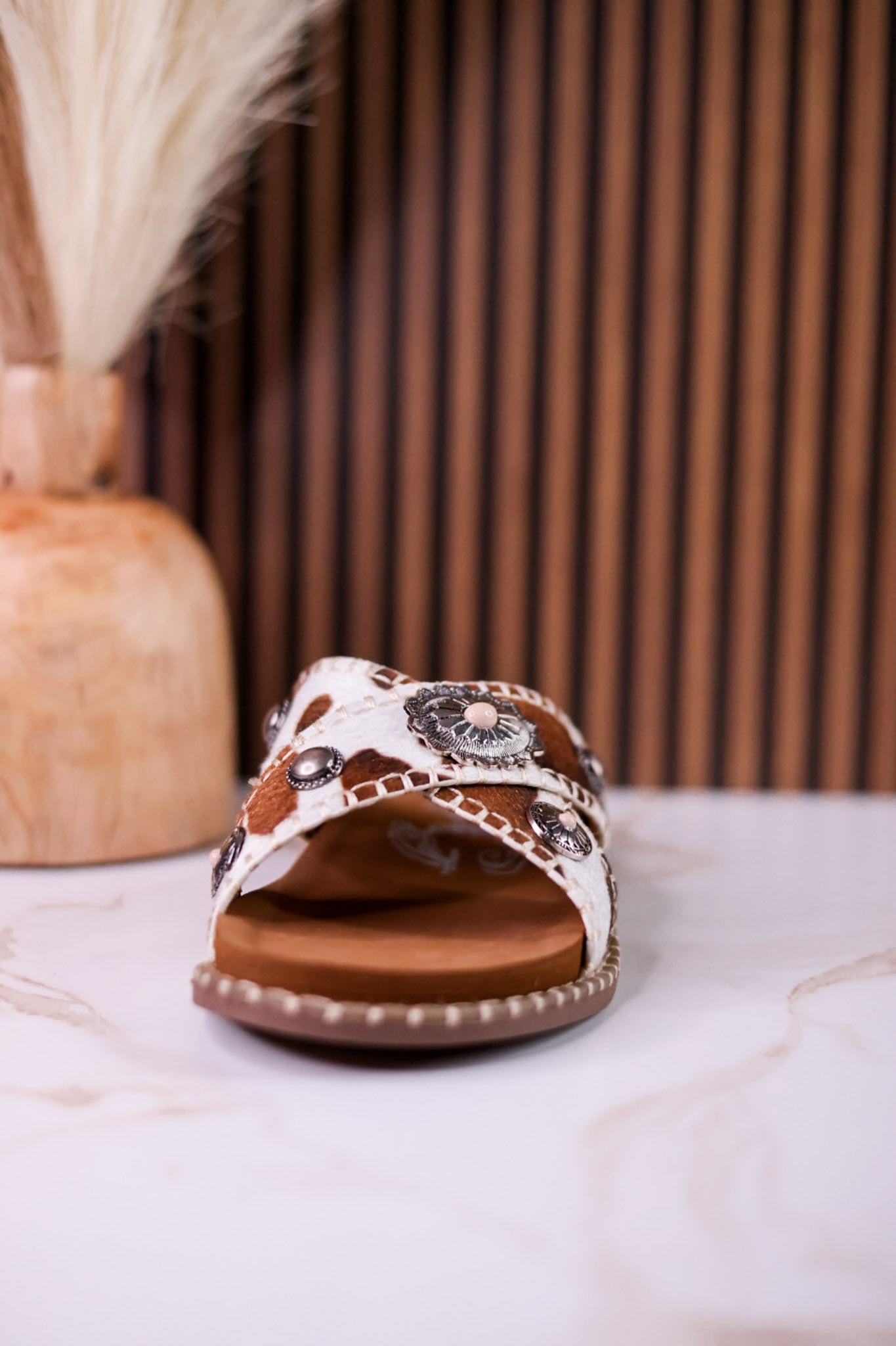 Cream & Tan "Betsy" Faux Hairon Sandals With Concho Accents
