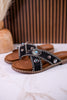 Black "Betsy" Faux Suede Sandals With Turquoise Concho Accents