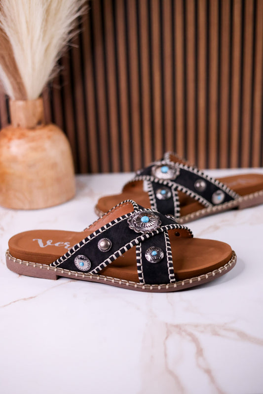 Black "Betsy" Faux Suede Sandals With Turquoise Concho Accents