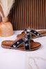 Black "Betsy" Faux Suede Sandals With Turquoise Concho Accents