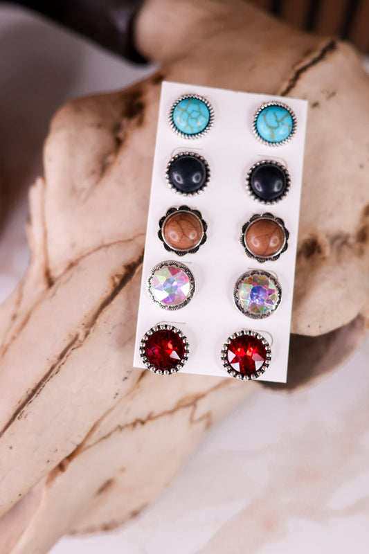 Set Of 5 Concho And Stone Stud Earring Pairs