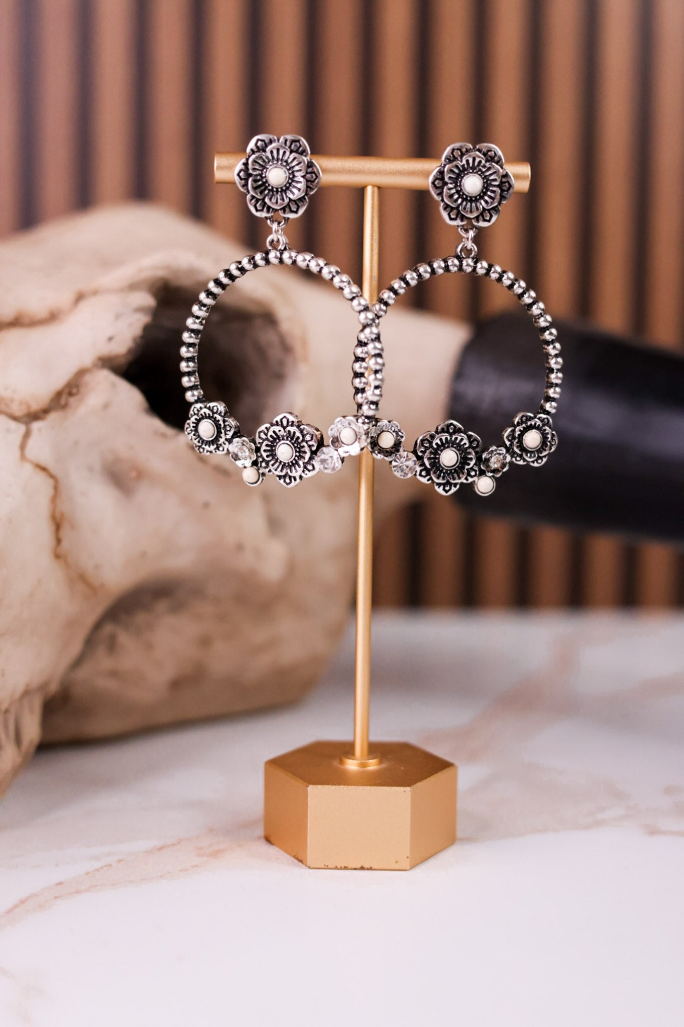 Western Style Flower Drop Hoop Earrings
