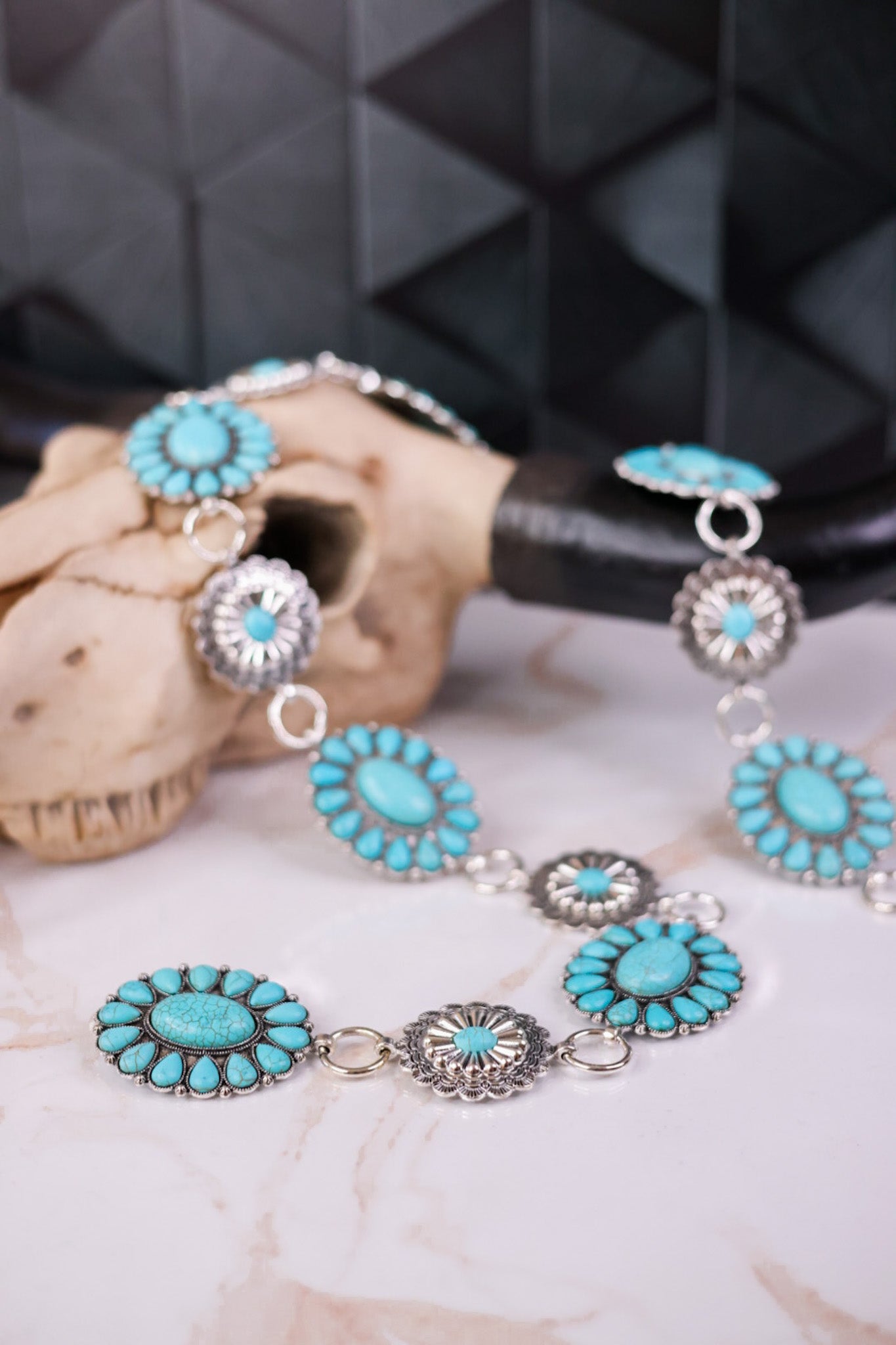 Floral Turquoise & Silver Concho Link Belt