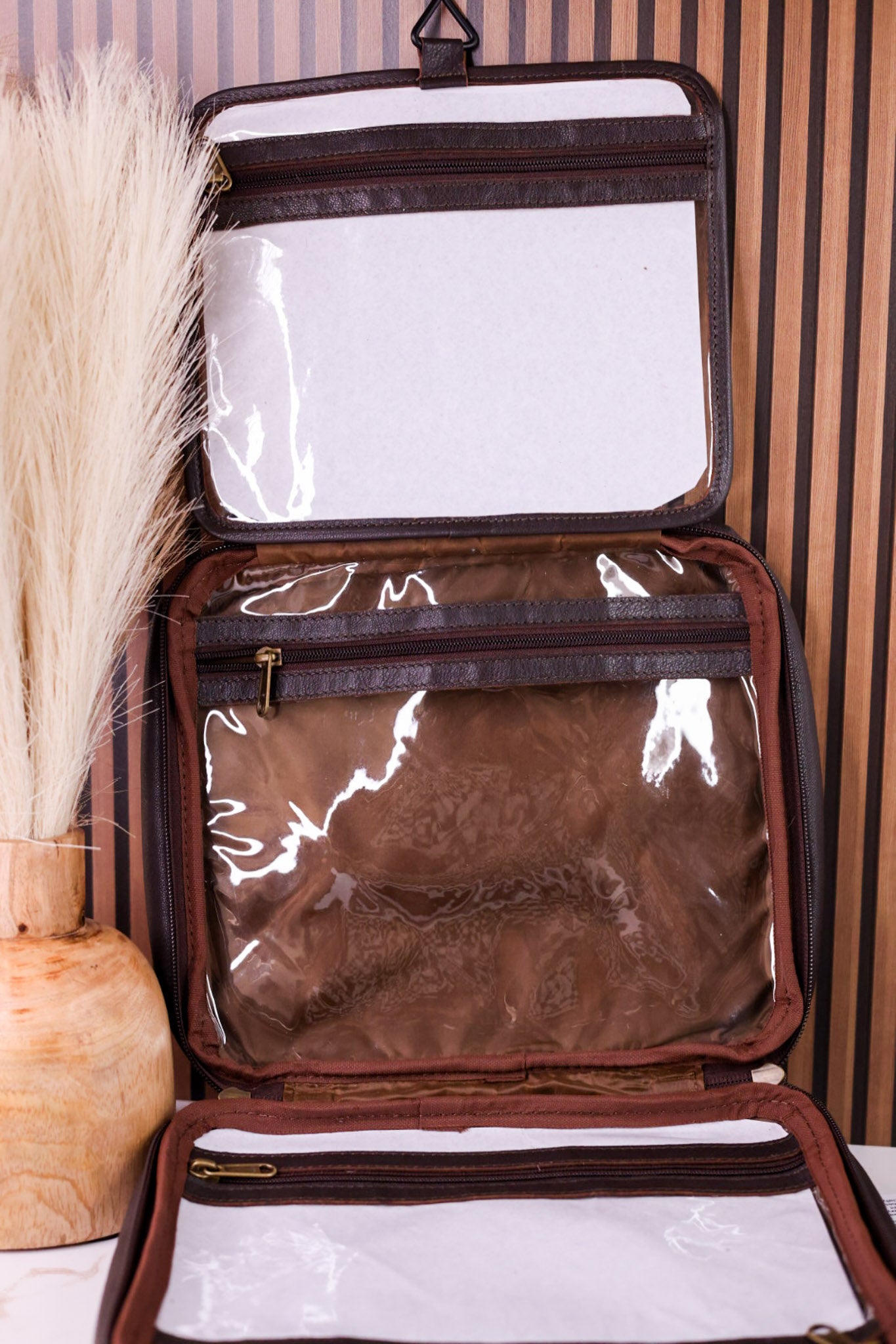Hanging Travel Toiletries Bag With Brown Hairon Leather
