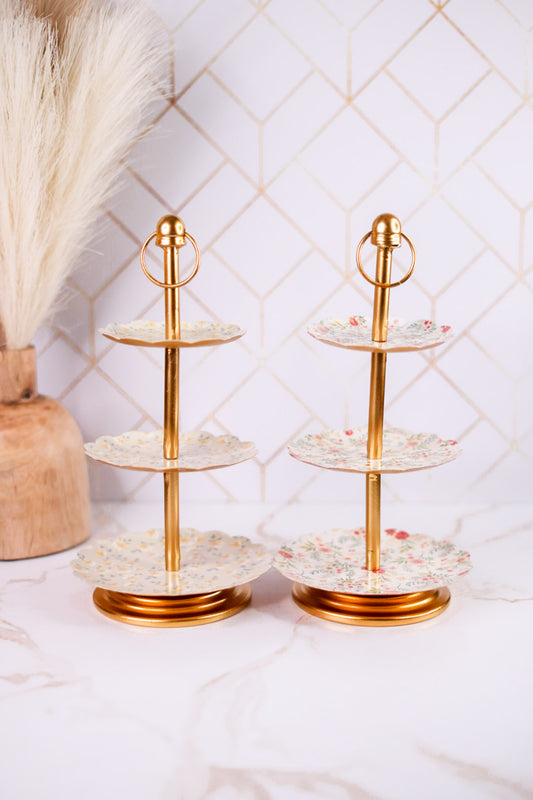 Metal Floral Printed Decorative Tiered Tray (2 Colors)