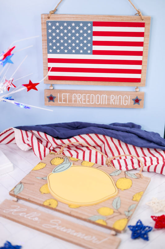 "Let Freedom Ring & Hello Summer Reversible Wooden Sign