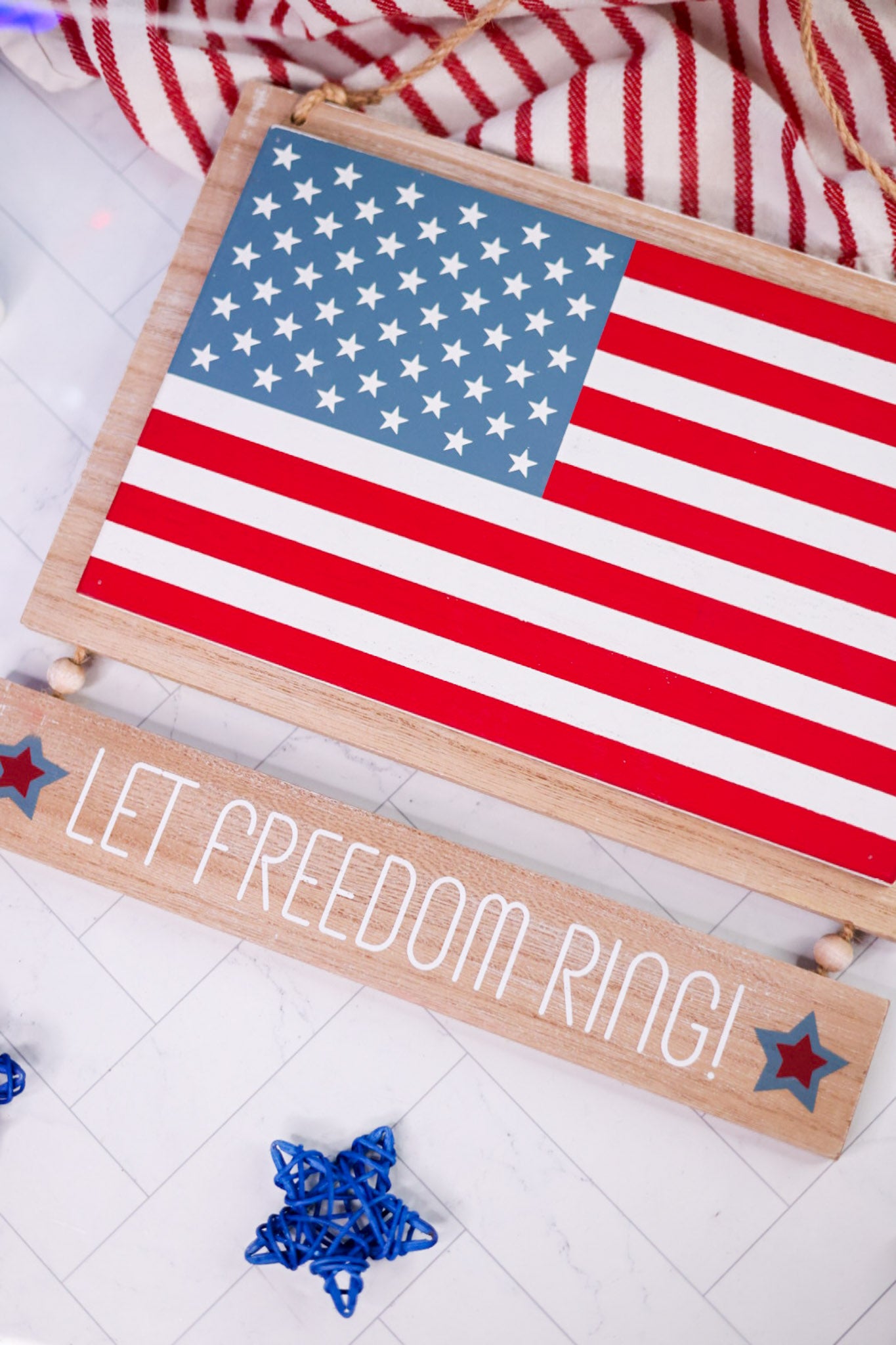"Let Freedom Ring & Hello Summer Reversible Wooden Sign