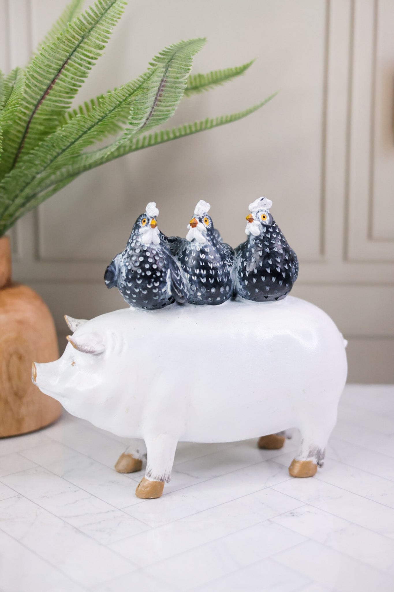 White Resin Pig & Rooster Family