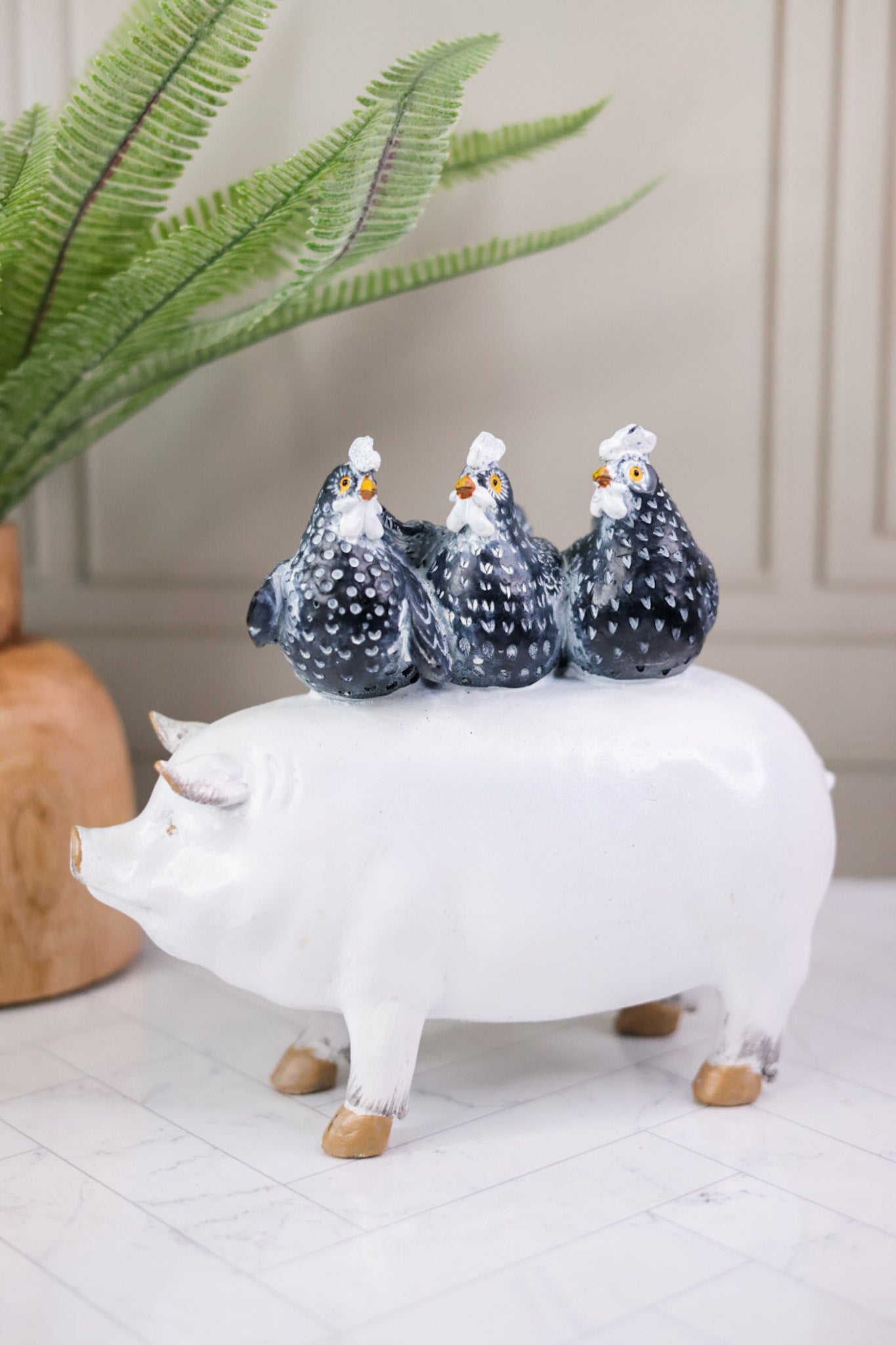 White Resin Pig & Rooster Family