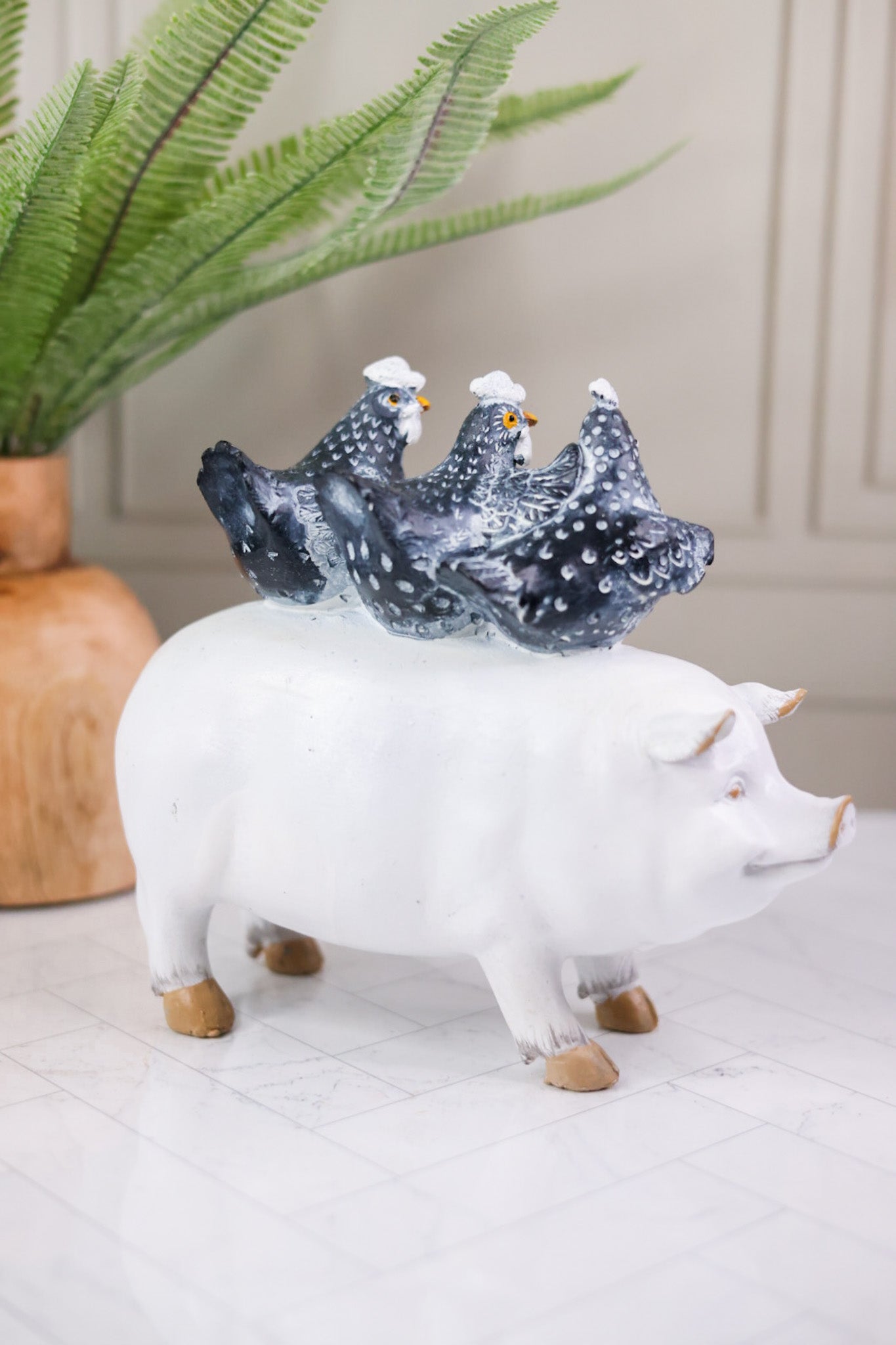 White Resin Pig & Rooster Family