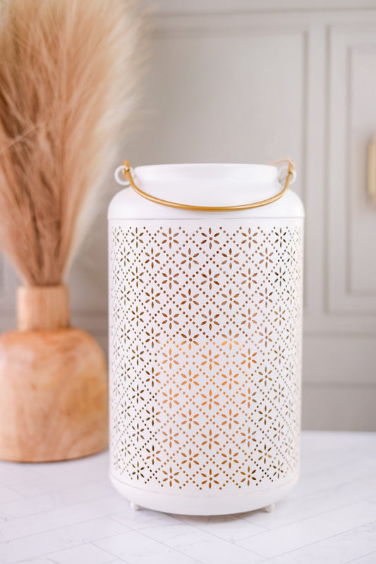 10.5" Floral Patterned White Lantern with Gold Interior
