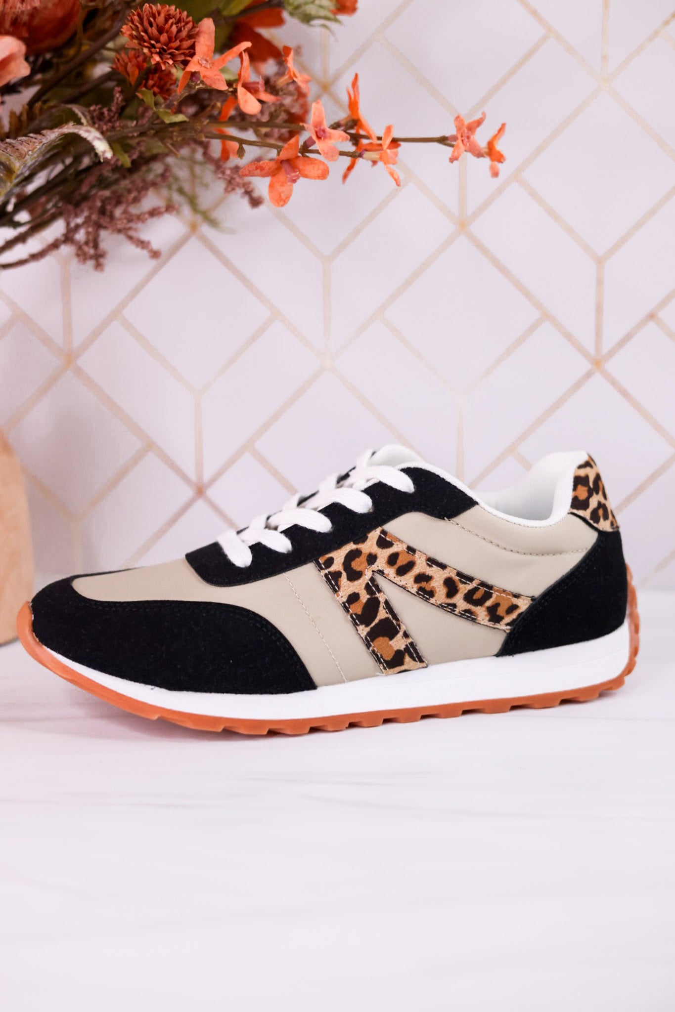 Taupe And Black Sneakers With Leopard Print Accents