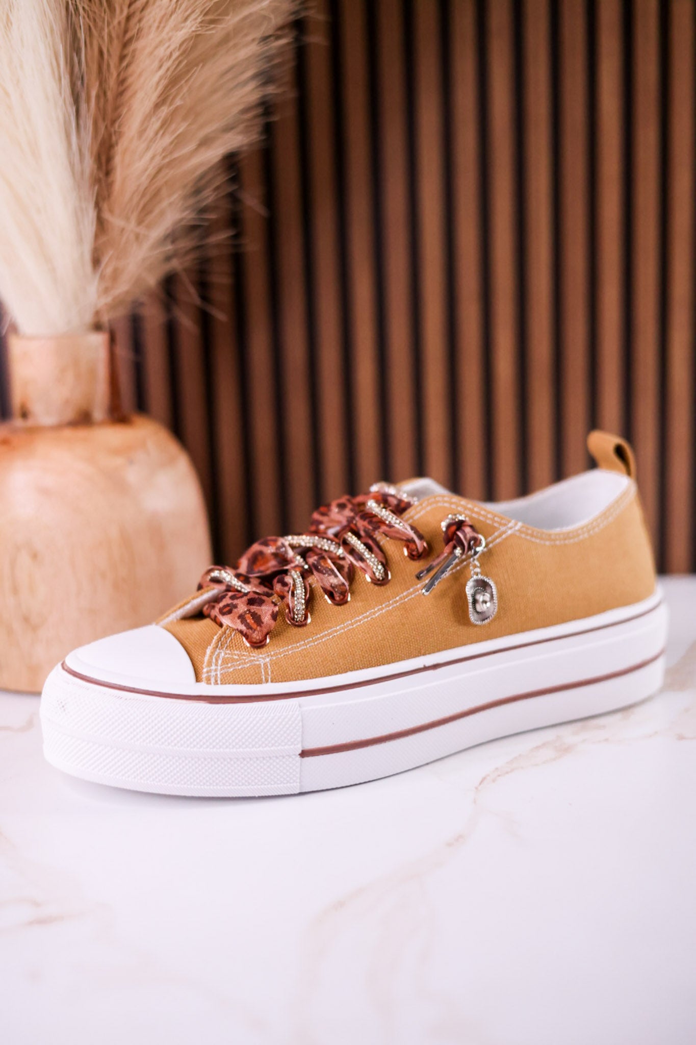 Tan "Harmon" Sneakers With Leopard Print & Sparkle Laces