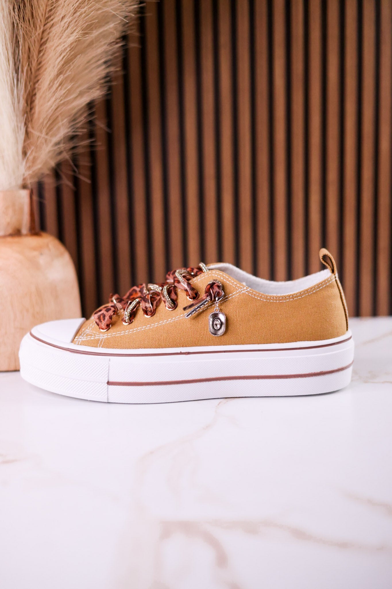 Tan "Harmon" Sneakers With Leopard Print & Sparkle Laces
