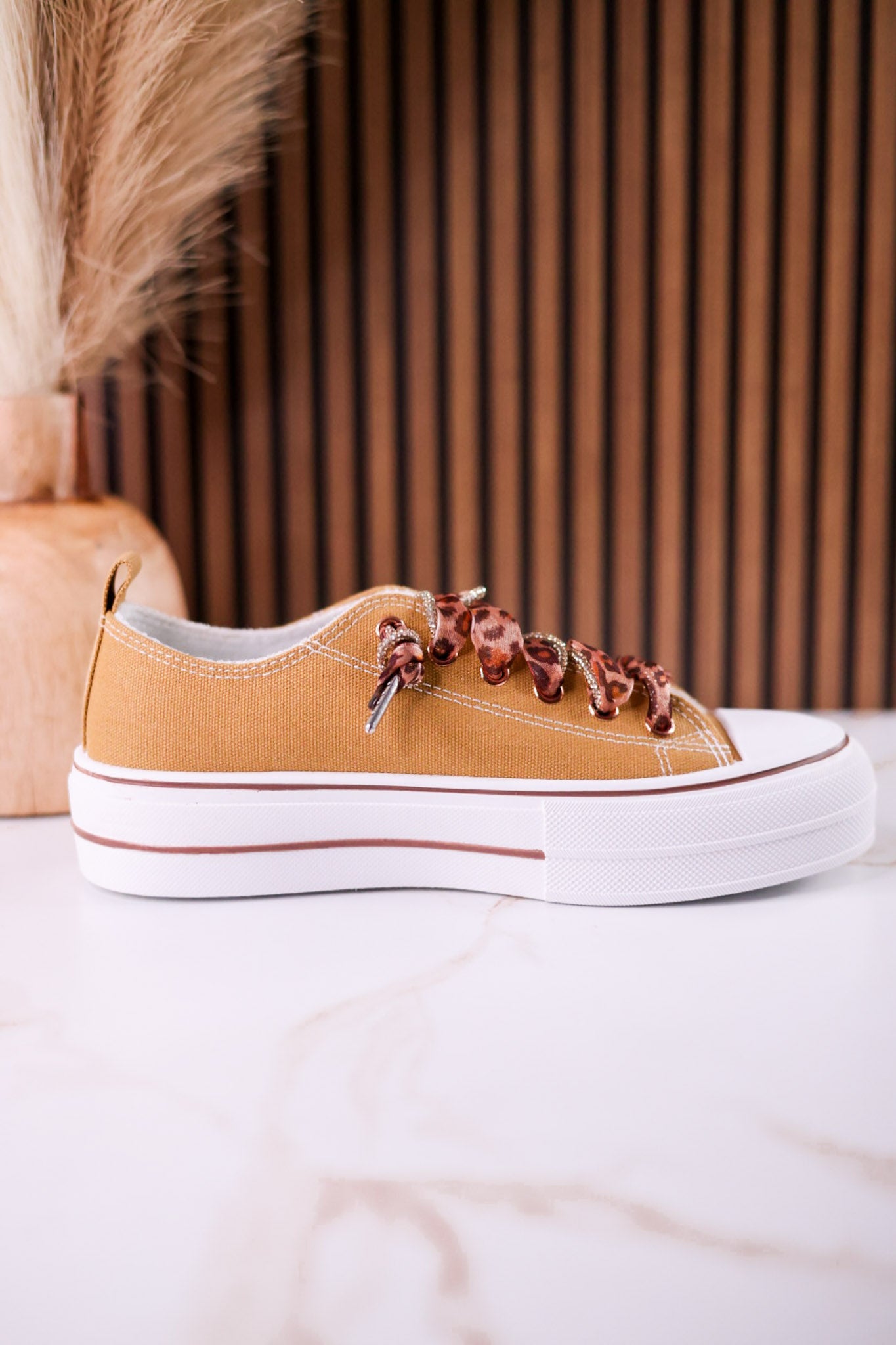 Tan "Harmon" Sneakers With Leopard Print & Sparkle Laces