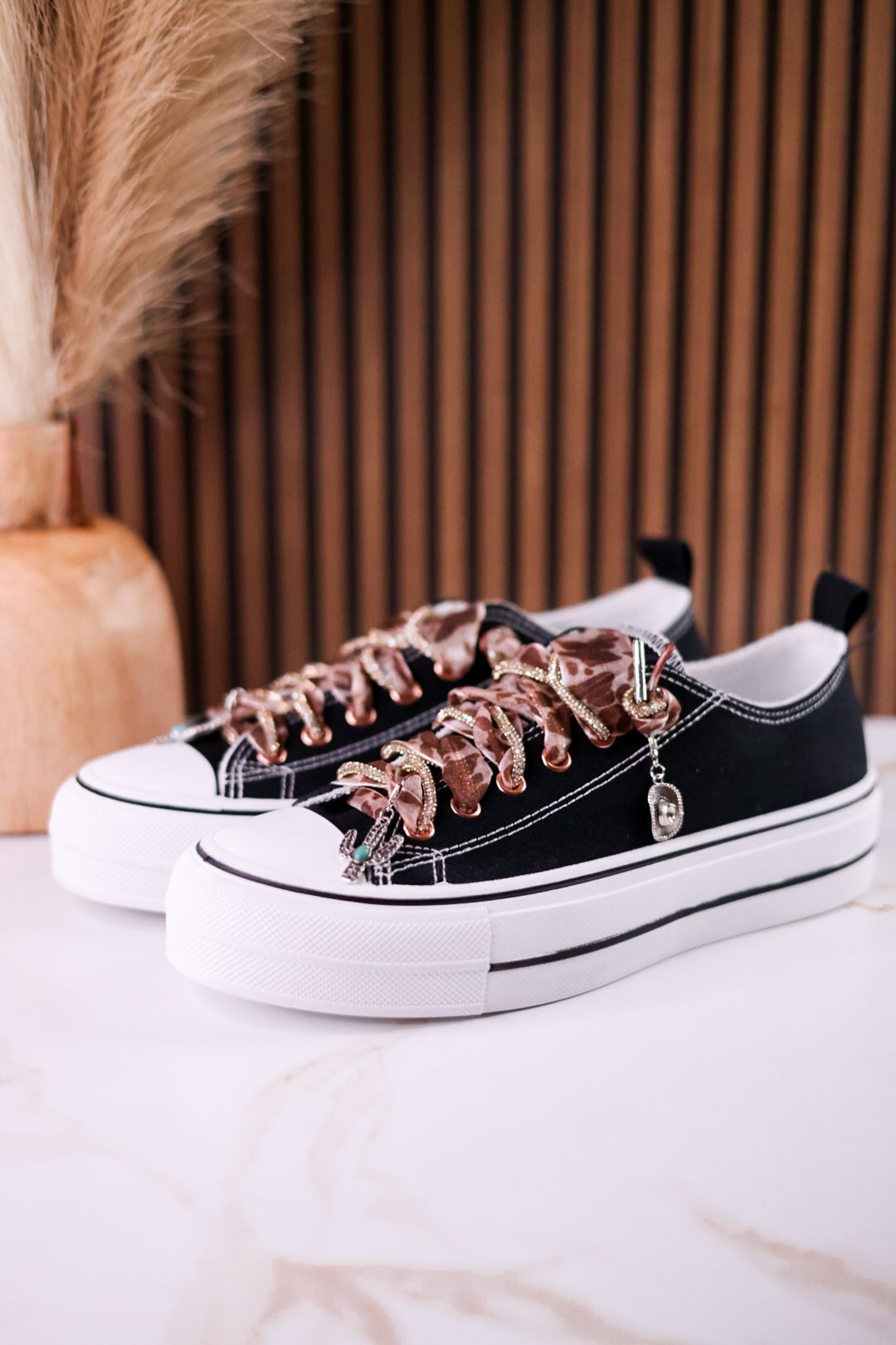 Black "Harmon" Sneakers With Leopard Print & Rhinestone Laces