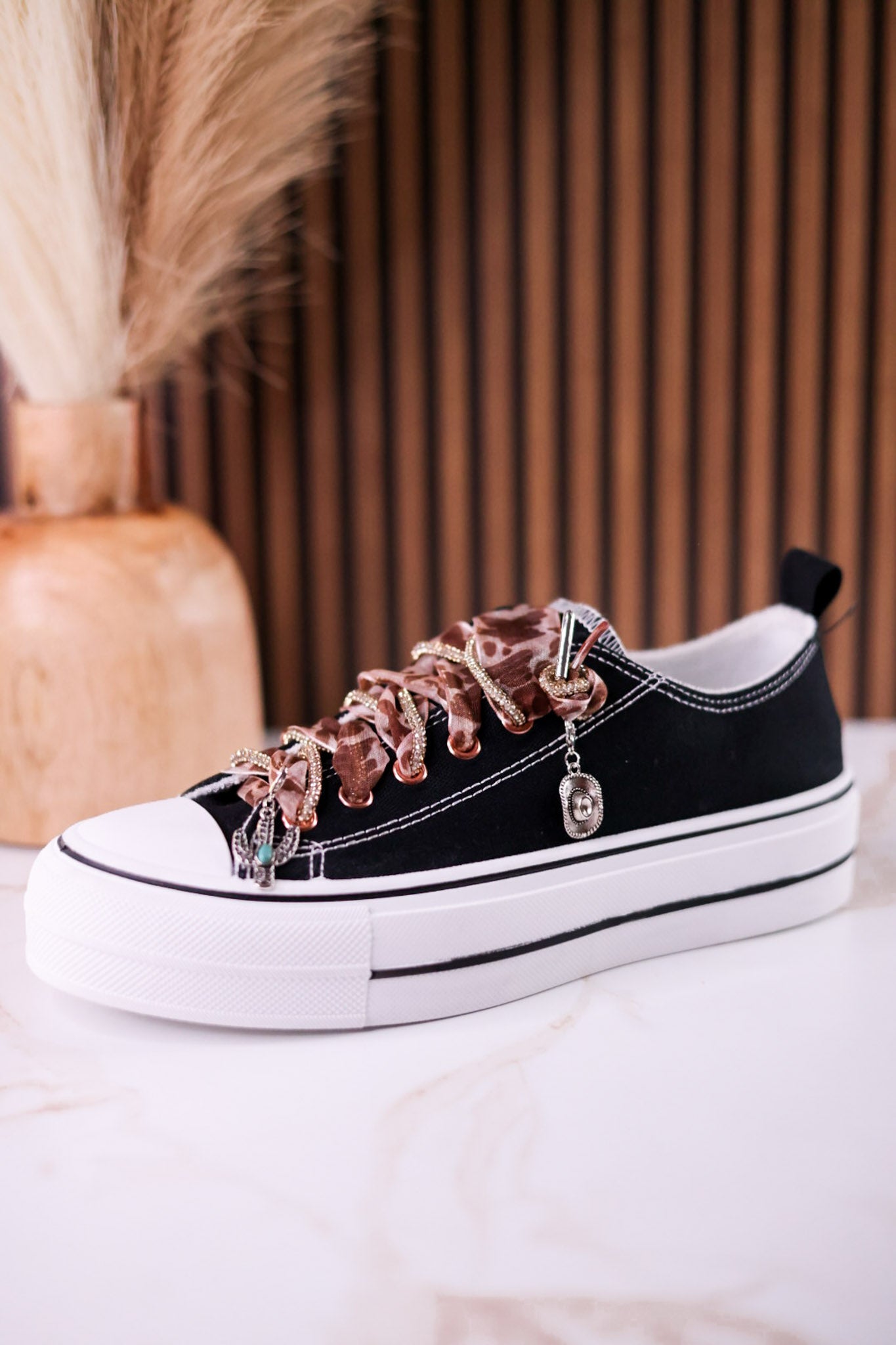 Black "Harmon" Sneakers With Leopard Print & Rhinestone Laces