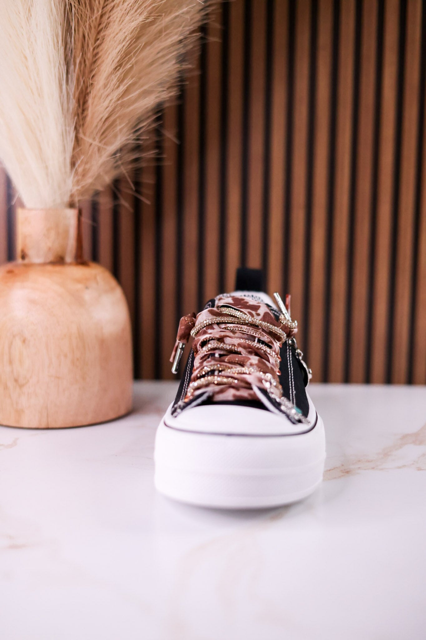 Black "Harmon" Sneakers With Leopard Print & Rhinestone Laces