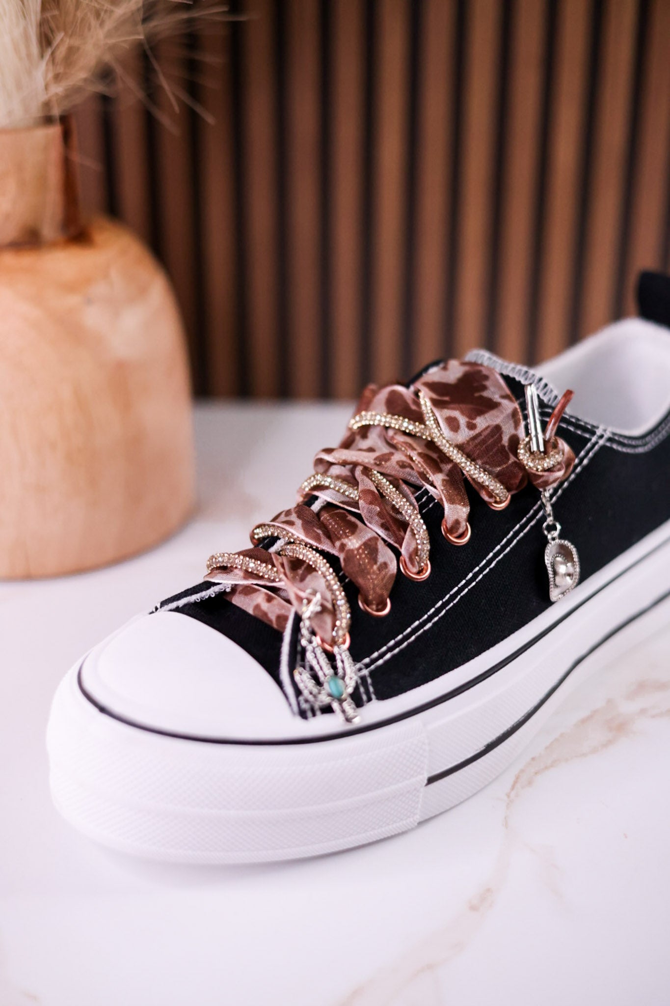 Black "Harmon" Sneakers With Leopard Print & Rhinestone Laces
