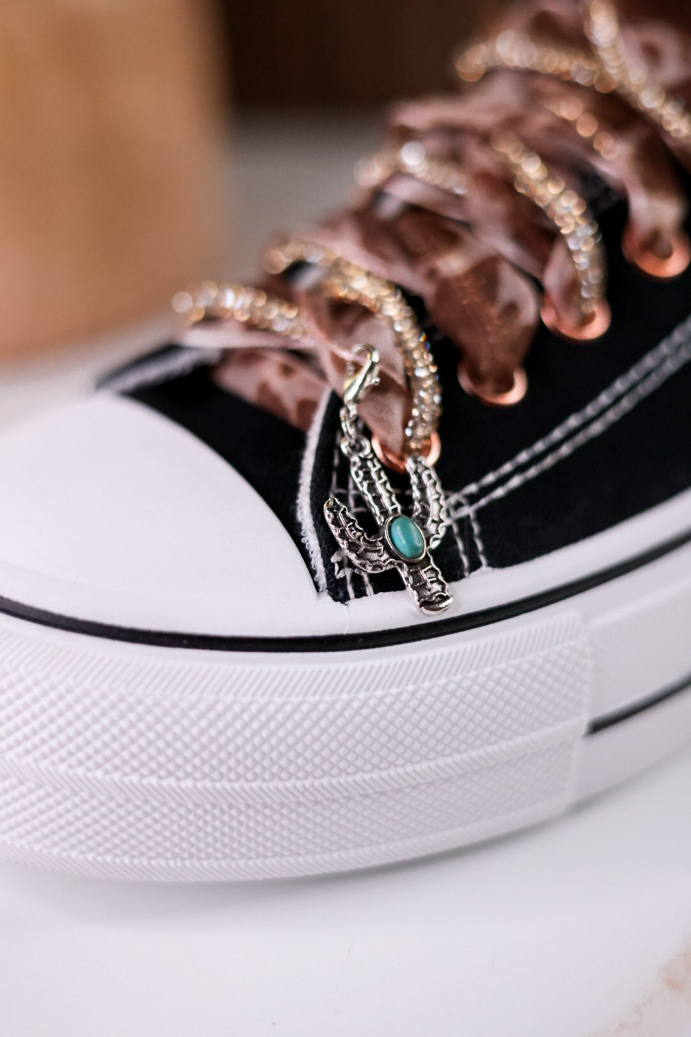 Black "Harmon" Sneakers With Leopard Print & Rhinestone Laces