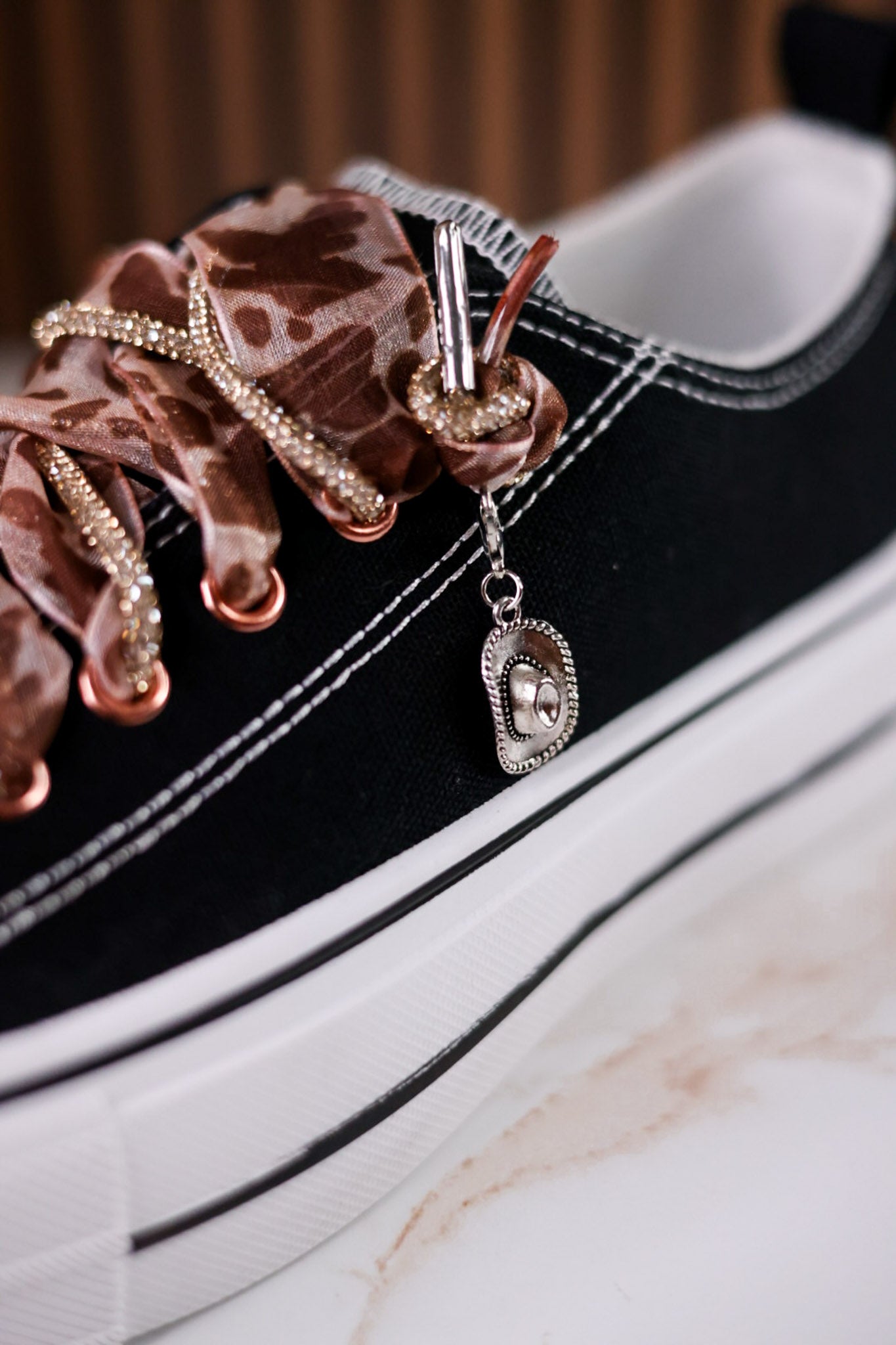 Black "Harmon" Sneakers With Leopard Print & Rhinestone Laces