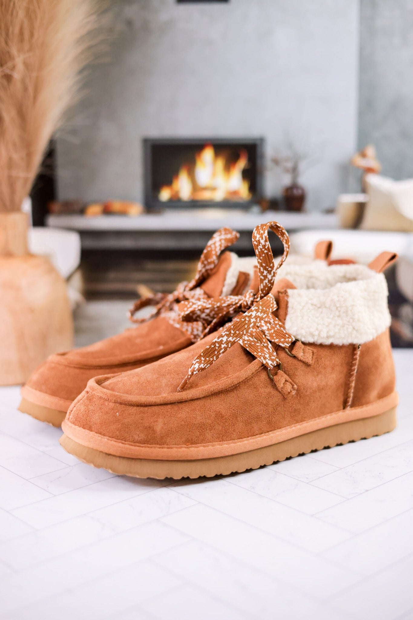 Cherilyn Plush Lined High Top Booties in Tan