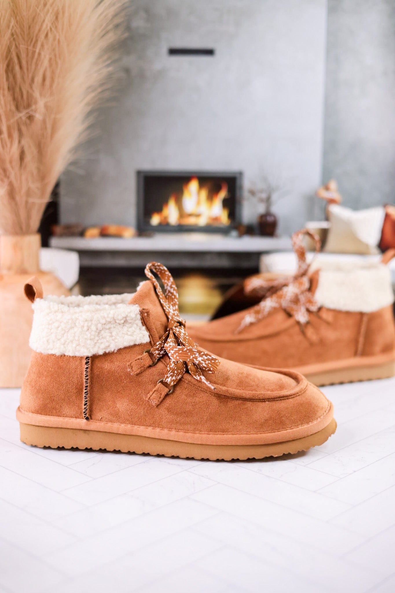 Cherilyn Plush Lined High Top Booties in Tan