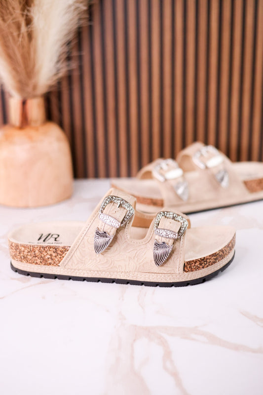 "Morgana" Dual Strap Tooled Faux Leather Sandals In Cream