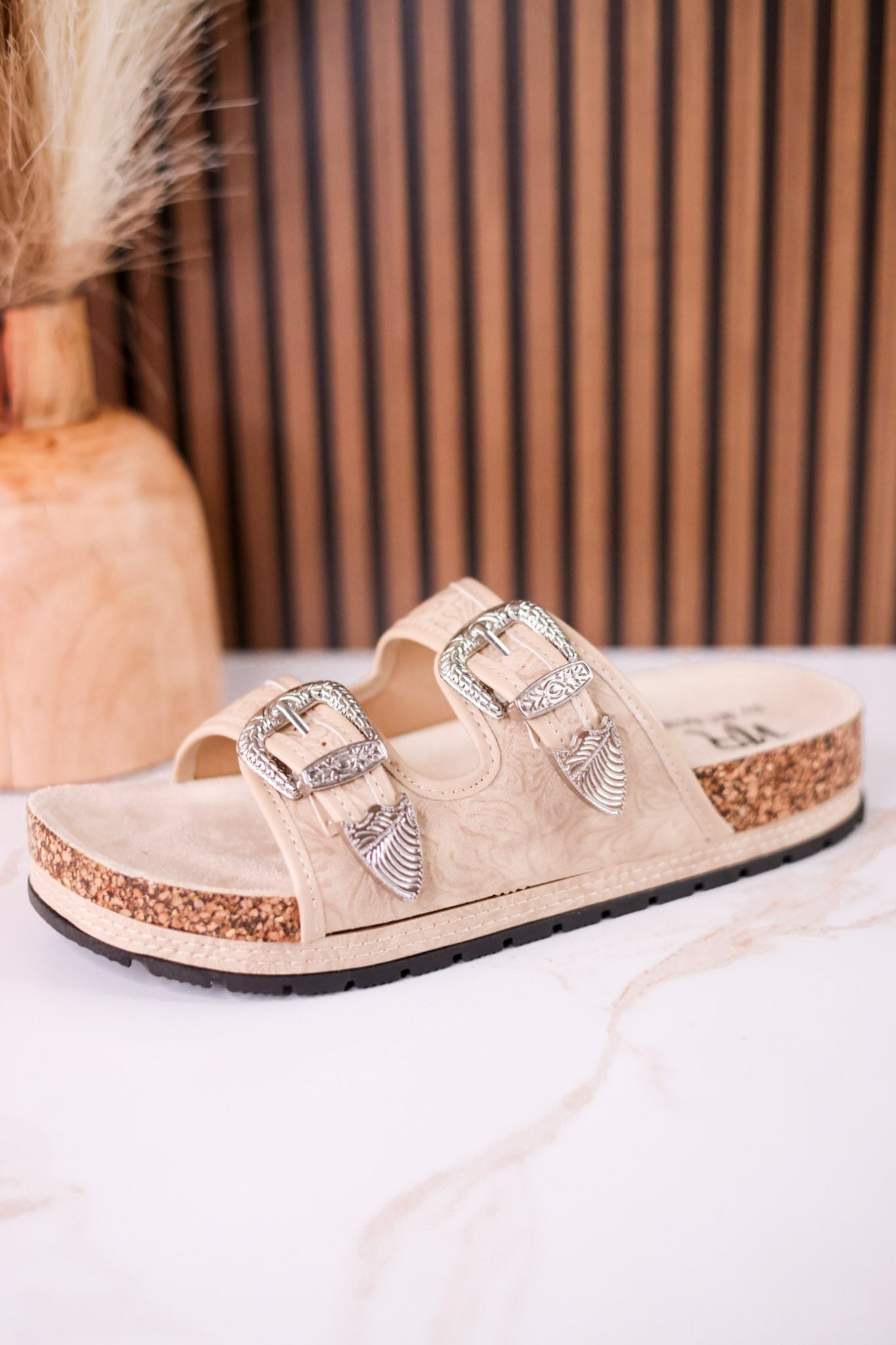 "Morgana" Dual Strap Tooled Faux Leather Sandals In Cream