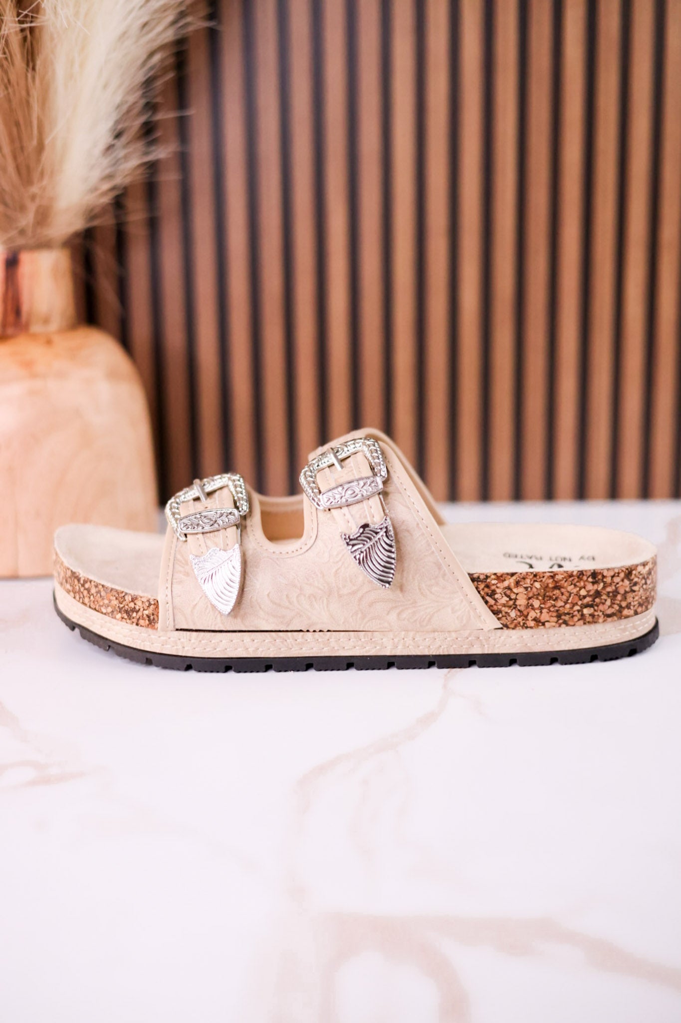 "Morgana" Dual Strap Tooled Faux Leather Sandals In Cream
