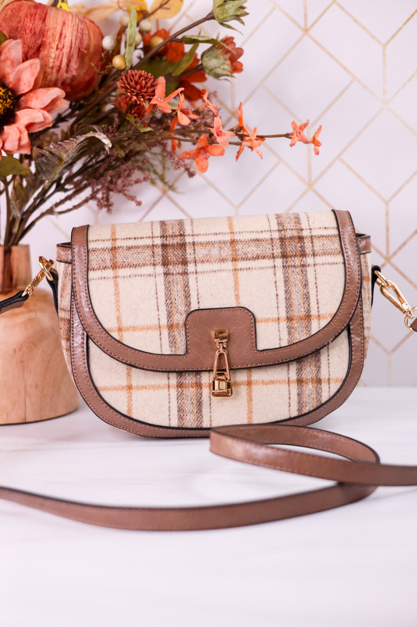 The Calloway Rust And Cream Plaid Crossbody Bag