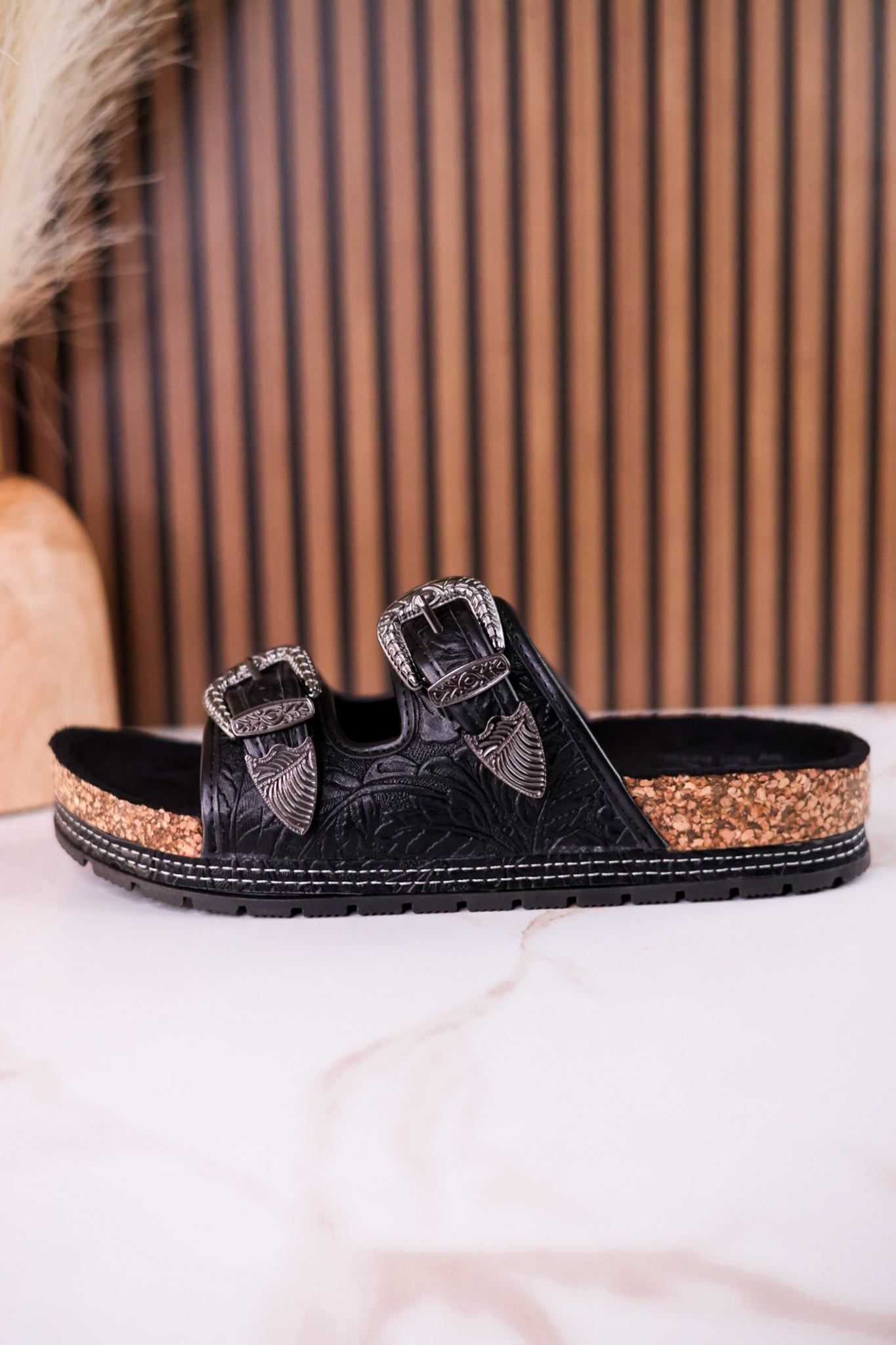 Black "Morgana" Dual Strap Tooled Faux Leather Sandals