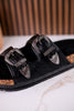 Black "Morgana" Dual Strap Tooled Faux Leather Sandals