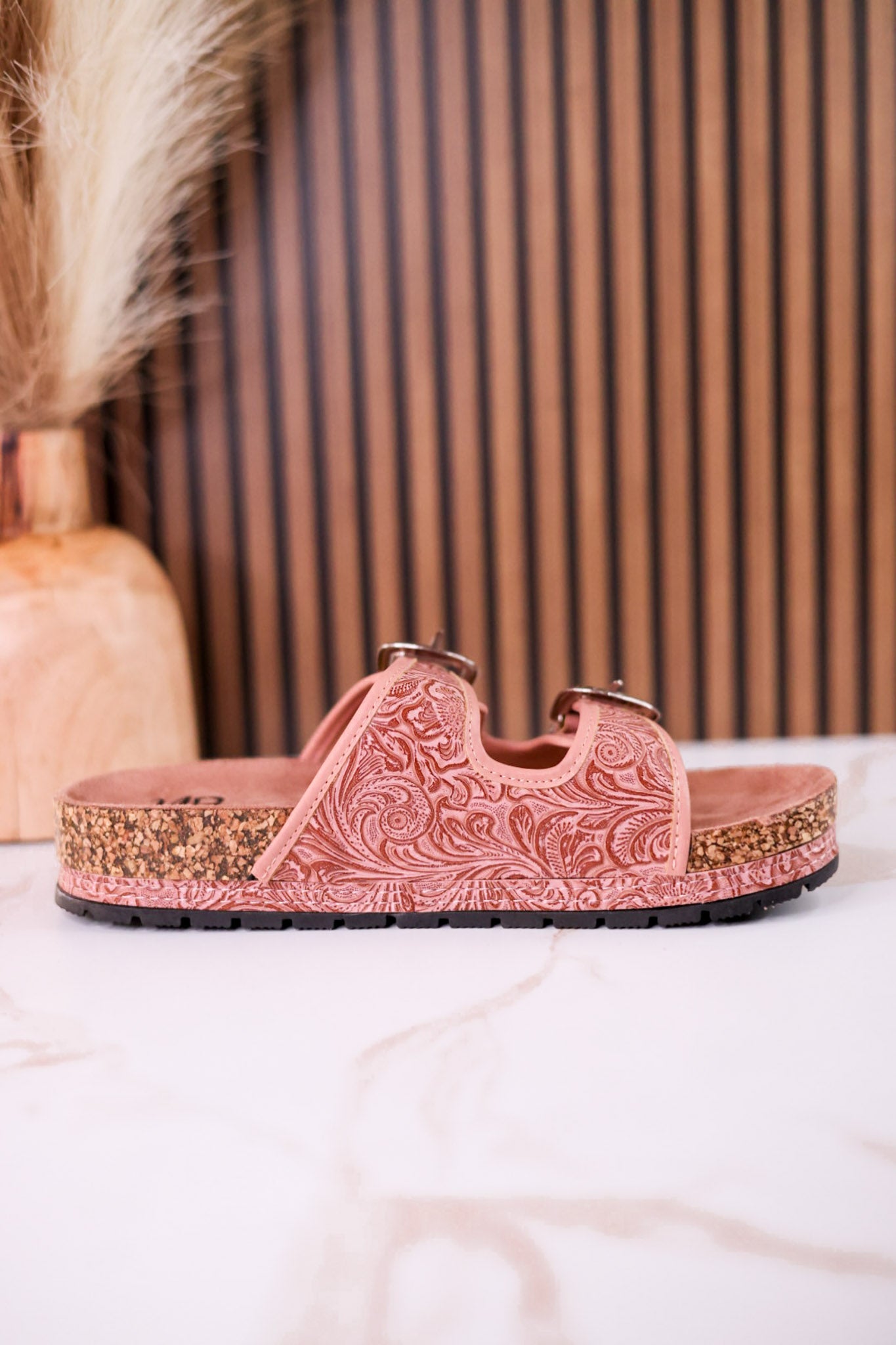 "Morgana" Dual Strap Tooled Faux Leather Sandals In Pink