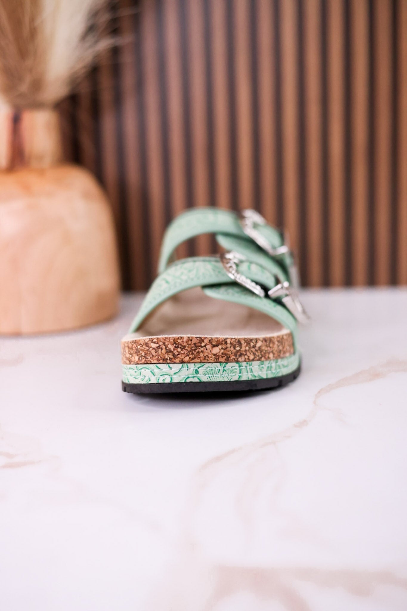 Mint Green "Morgana" Dual Strap Tooled Faux Leather Sandals