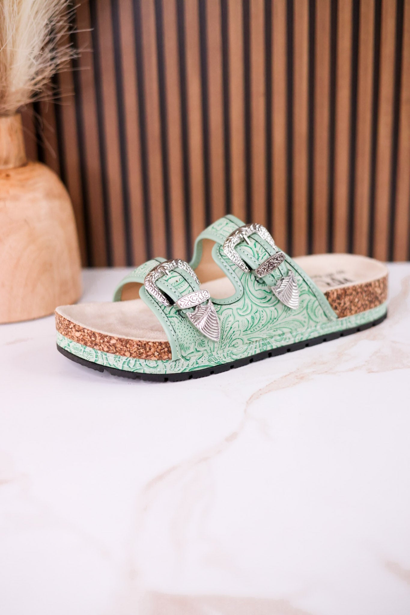 Mint Green "Morgana" Dual Strap Tooled Faux Leather Sandals