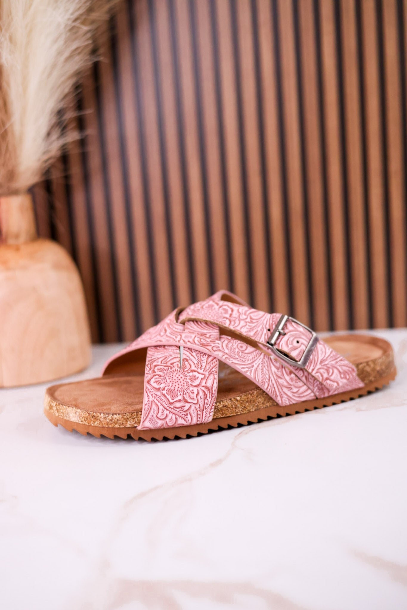 "Jada" Tooled Faux Leather Slip On Sandals In Blush