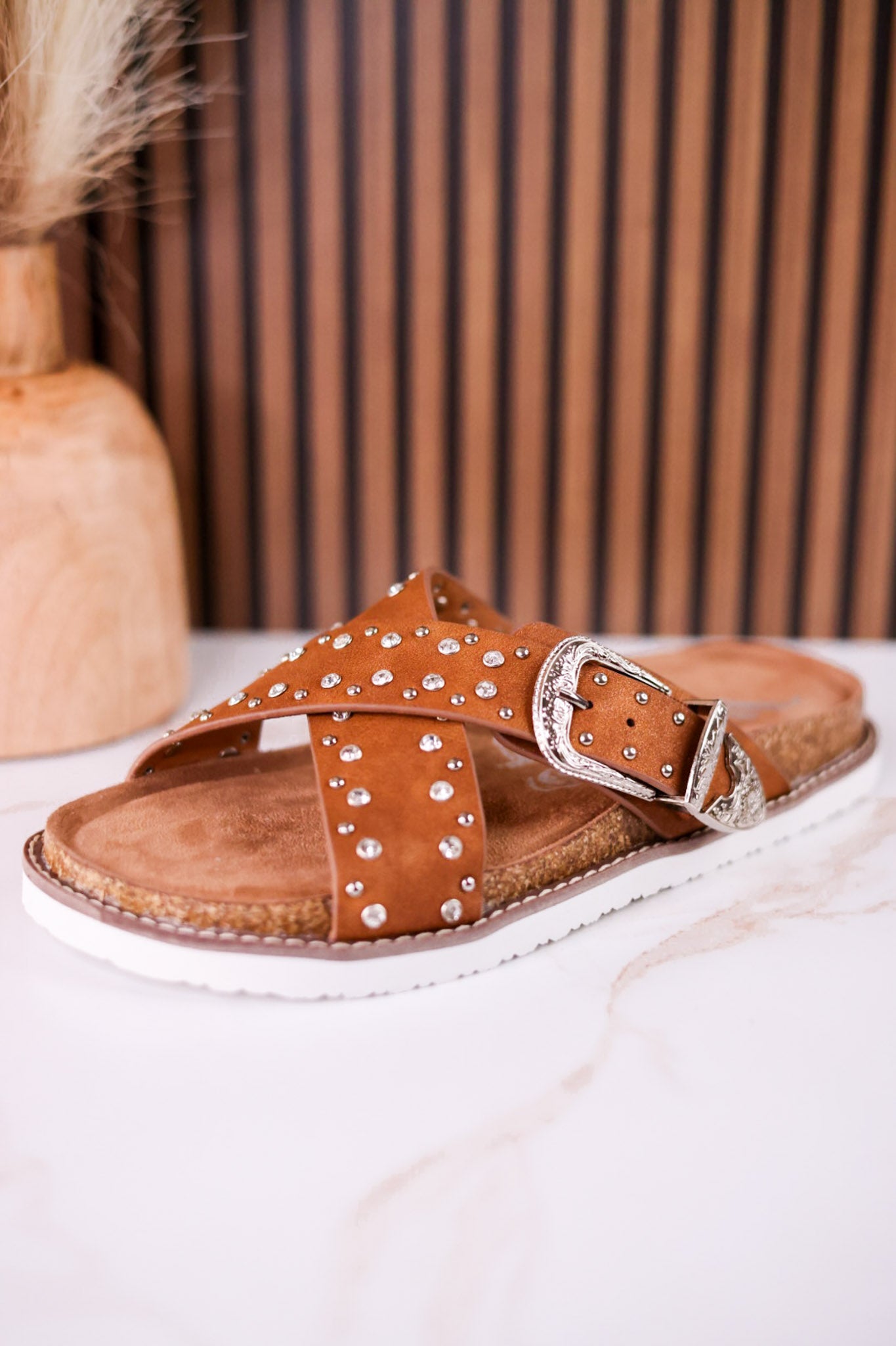 "Jocilyn" Tan Studded Slip On Sandals With Antique Style Buckle